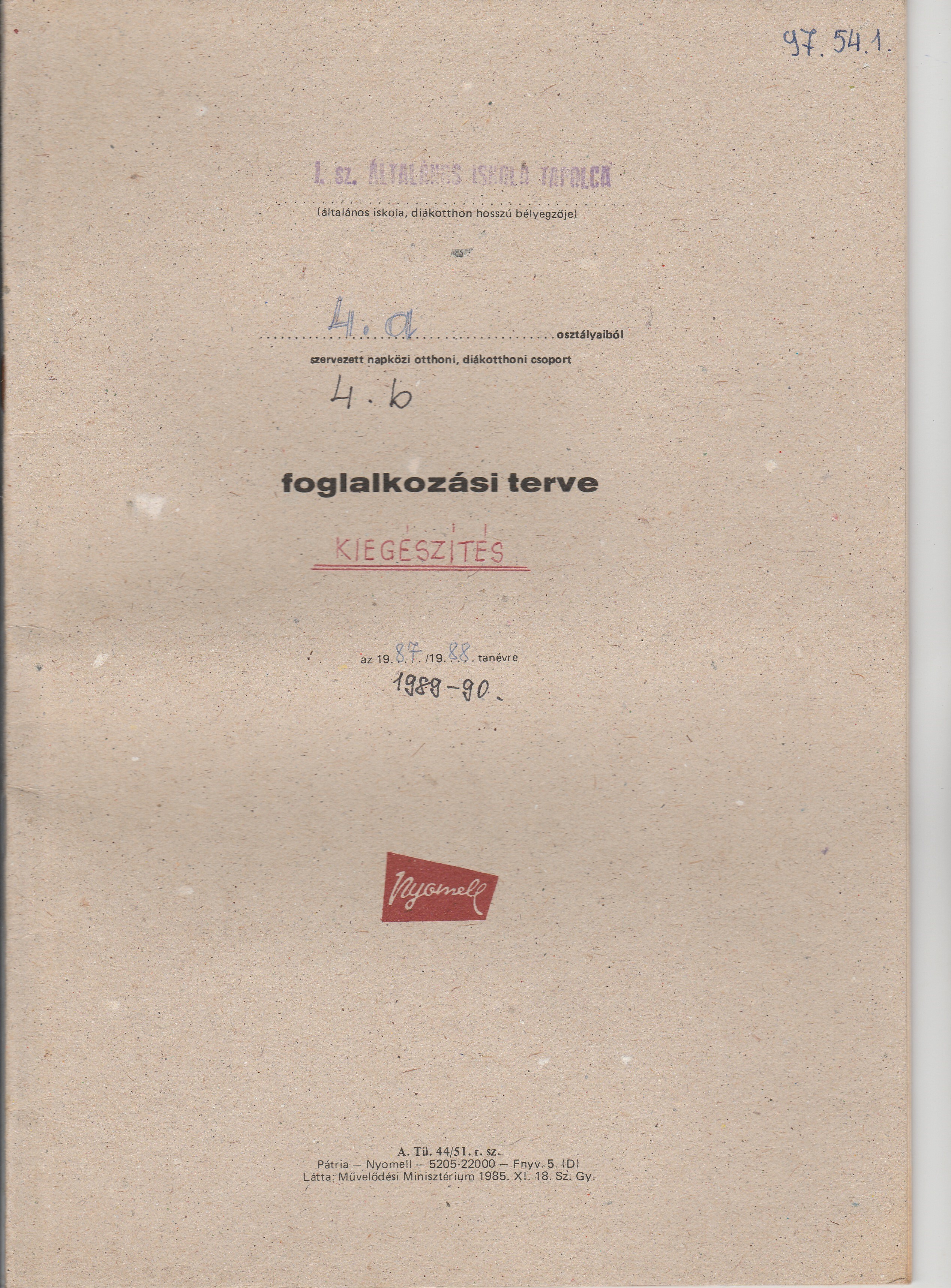 4. osztályos napközis foglalkozási terv kiegészítő része (Tapolcai Városi Múzeum CC BY-NC-SA)