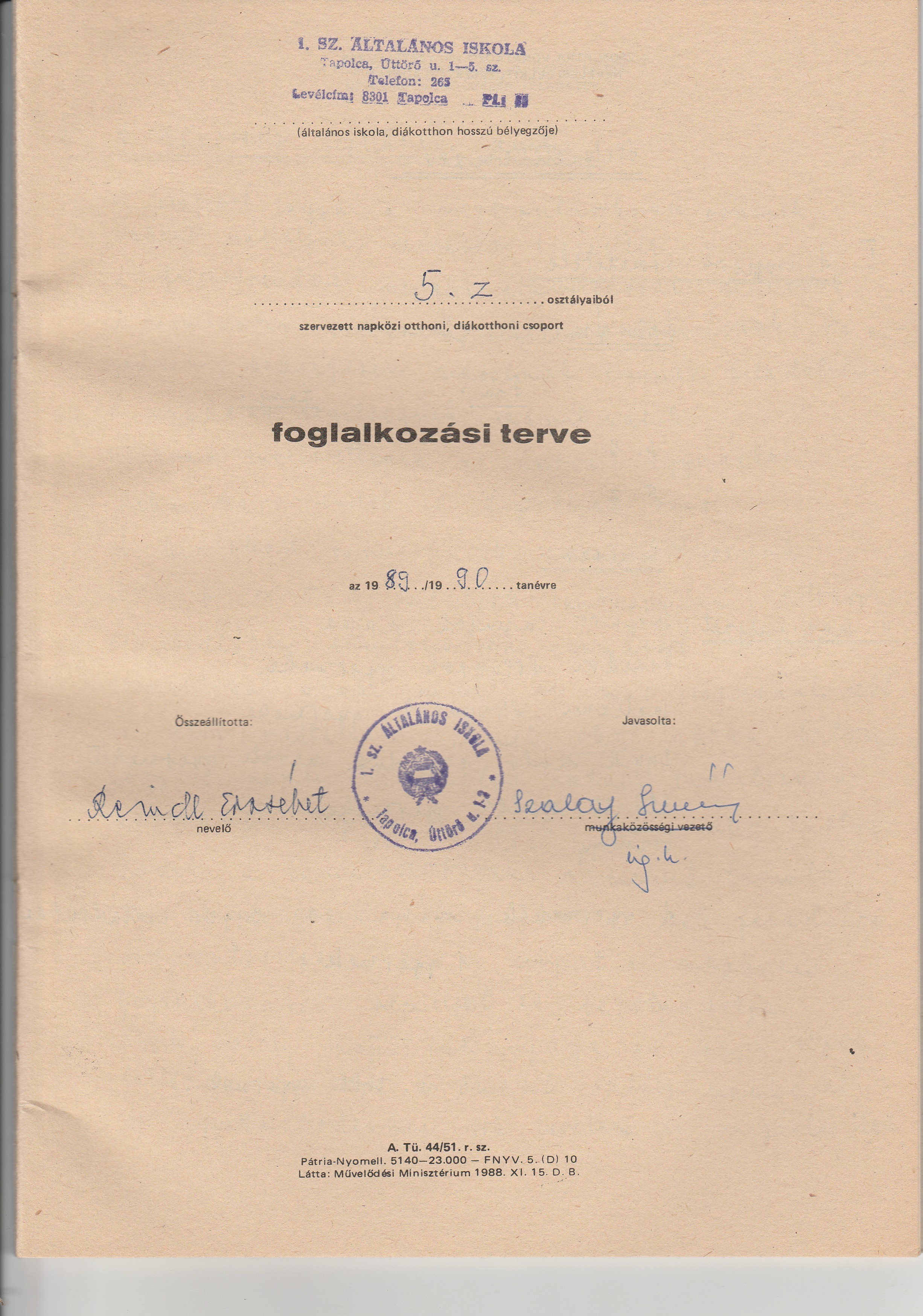 5. osztályos napközis foglalkozási terv kiegészítő része (Tapolcai Városi Múzeum CC BY-NC-SA)