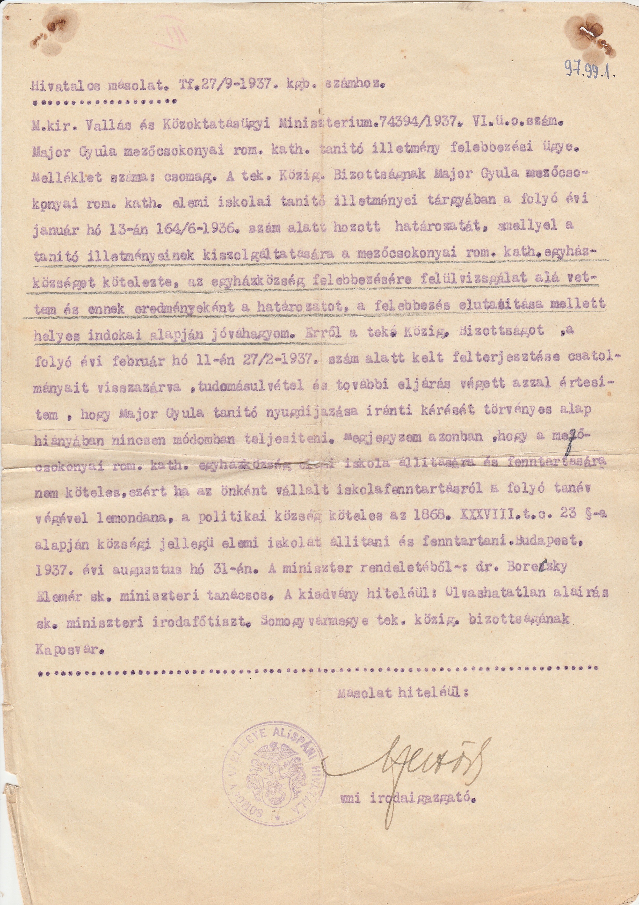 A mezőcsokonyai r.k. iskola tanítójának illetményeiről szóló határozat (Tapolcai Városi Múzeum CC BY-NC-SA)