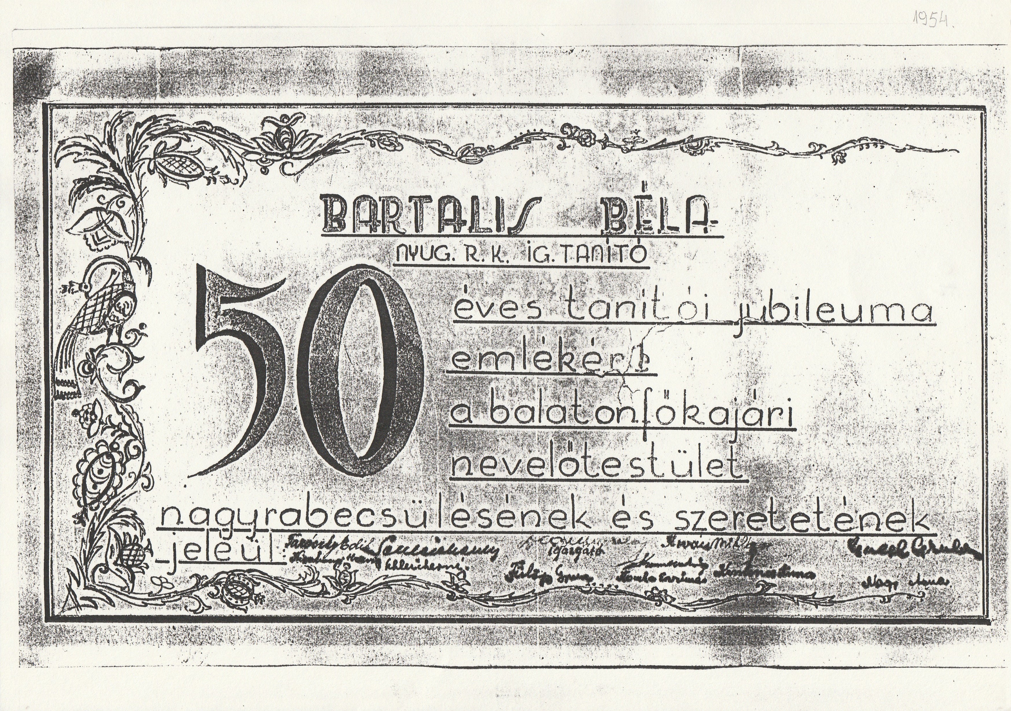 Bartalis Béla tanító 50 éves jubileumi emléklapja (Tapolcai Városi Múzeum CC BY-NC-SA)