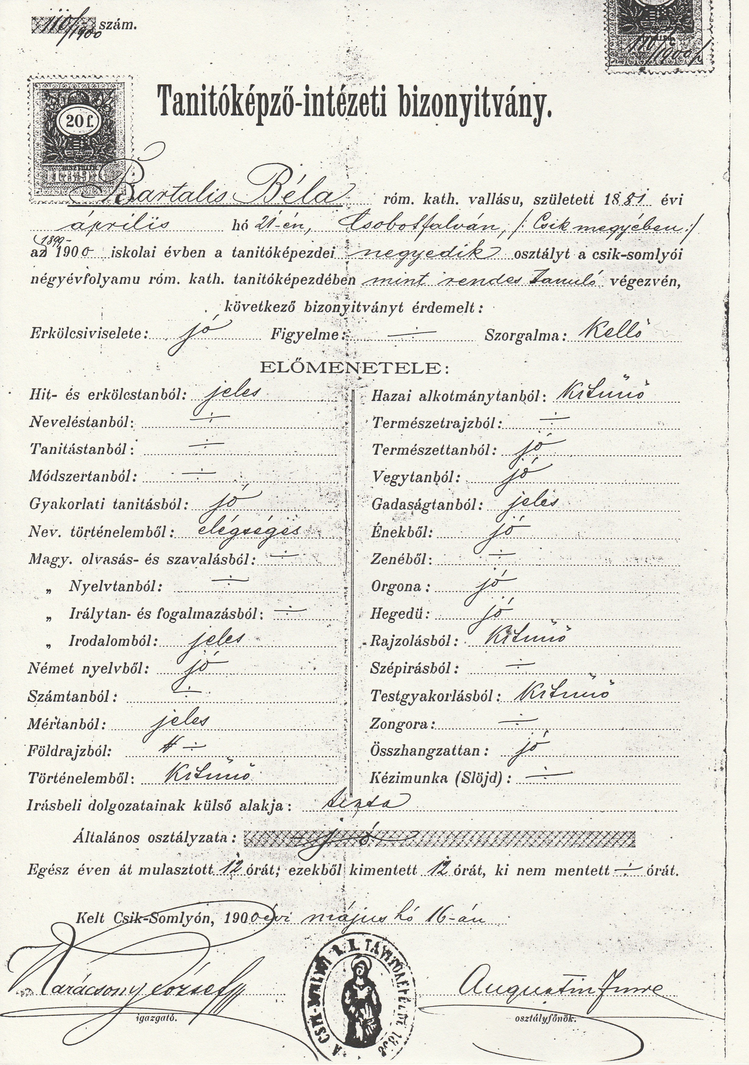 Bartalis Béla tanítóképző-intézeti bizonyítványa (másolat) (Tapolcai Városi Múzeum CC BY-NC-SA)