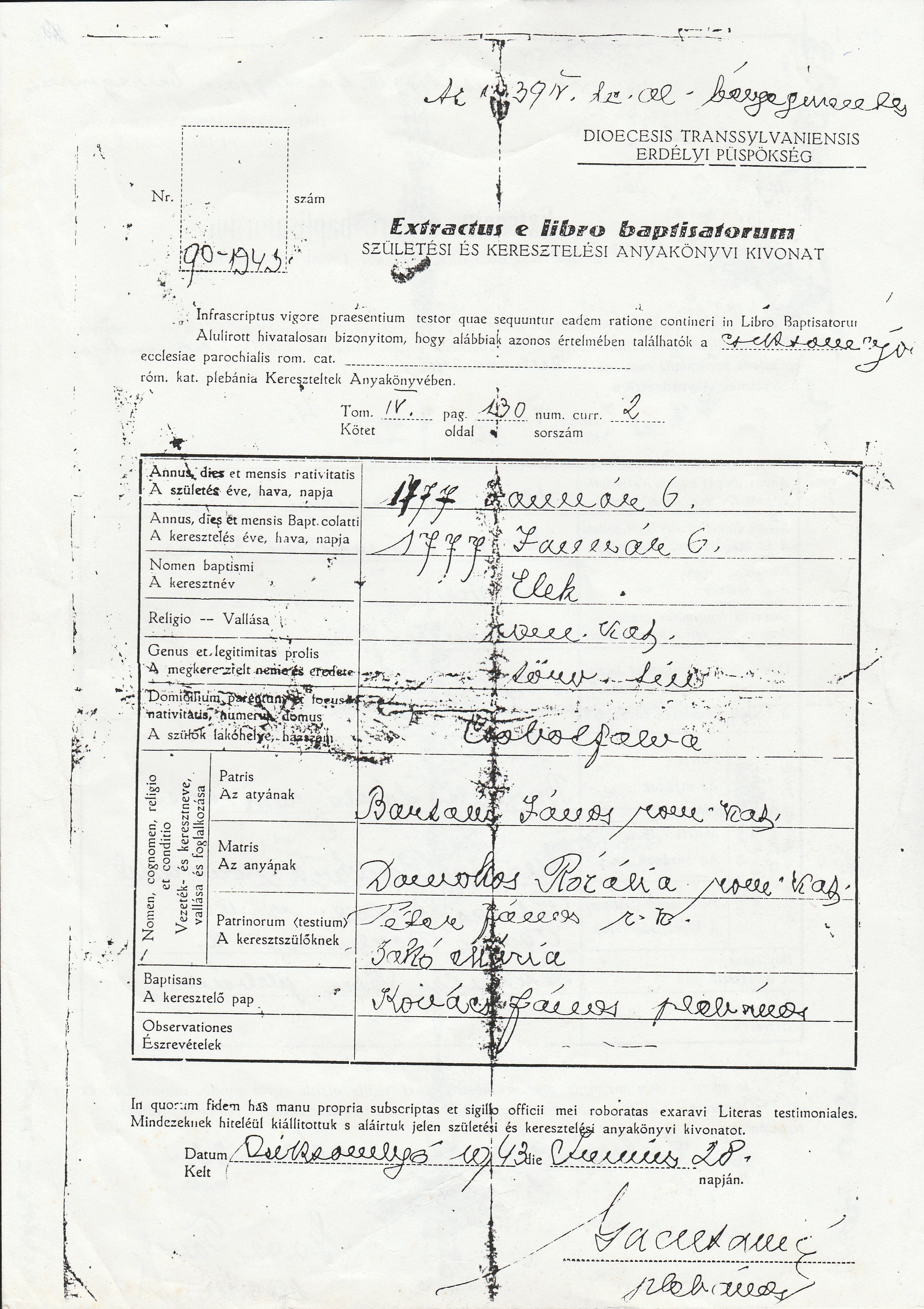 A Bartalisok anyakönyvi kivonatai Csíksomlyóról (másolatok) (Tapolcai Városi Múzeum CC BY-NC-SA)