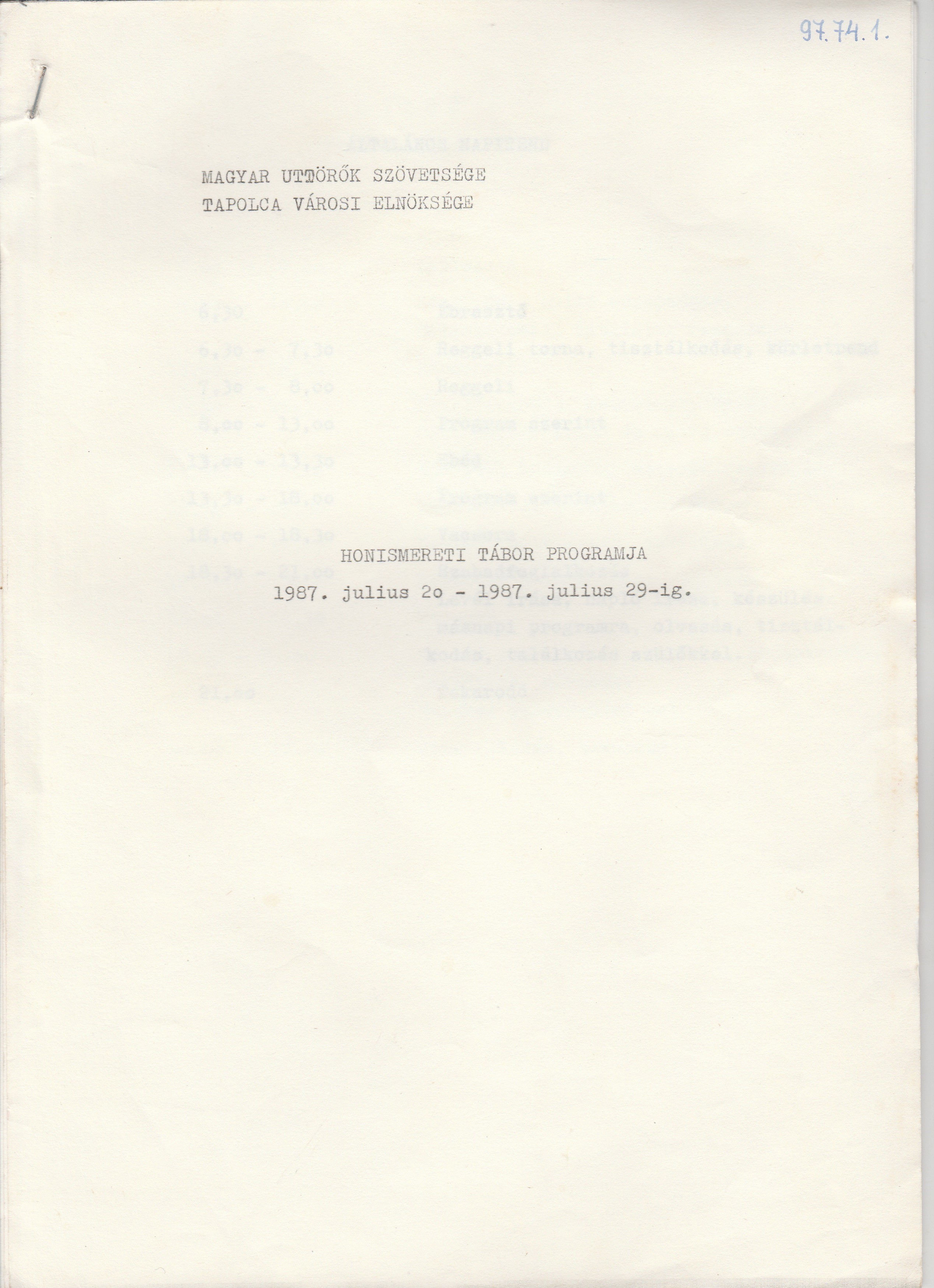 A tapolcai honismereti tábor programterve 1987 (Tapolcai Városi Múzeum CC BY-NC-SA)