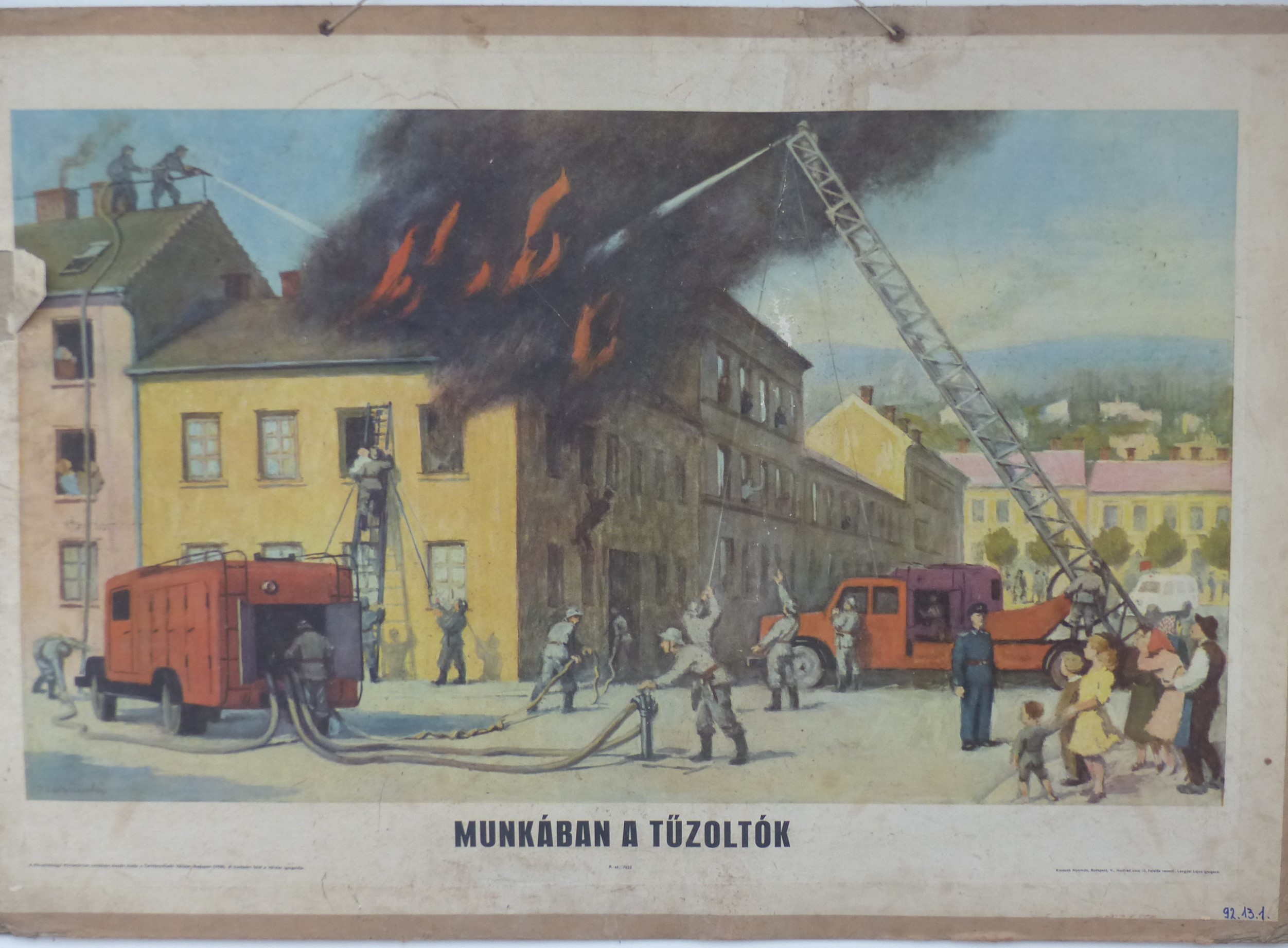 Iskolai szemléltető falikép. Munkában a tűzoltók (Tapolcai Városi Múzeum CC BY-NC-SA)