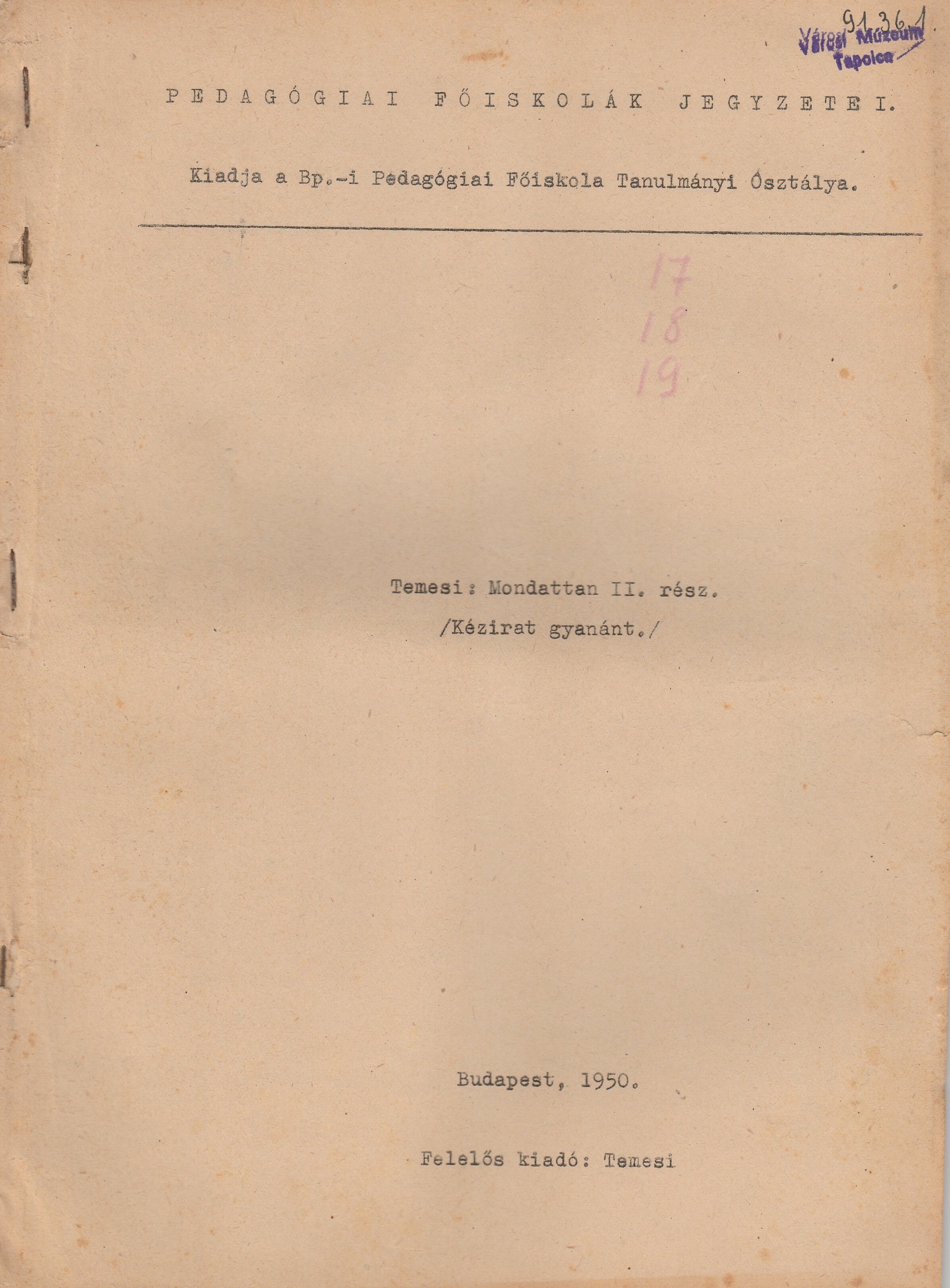 Mondattan II. című kéziratos jegyzet (Tapolcai Városi Múzeum CC BY-NC-SA)