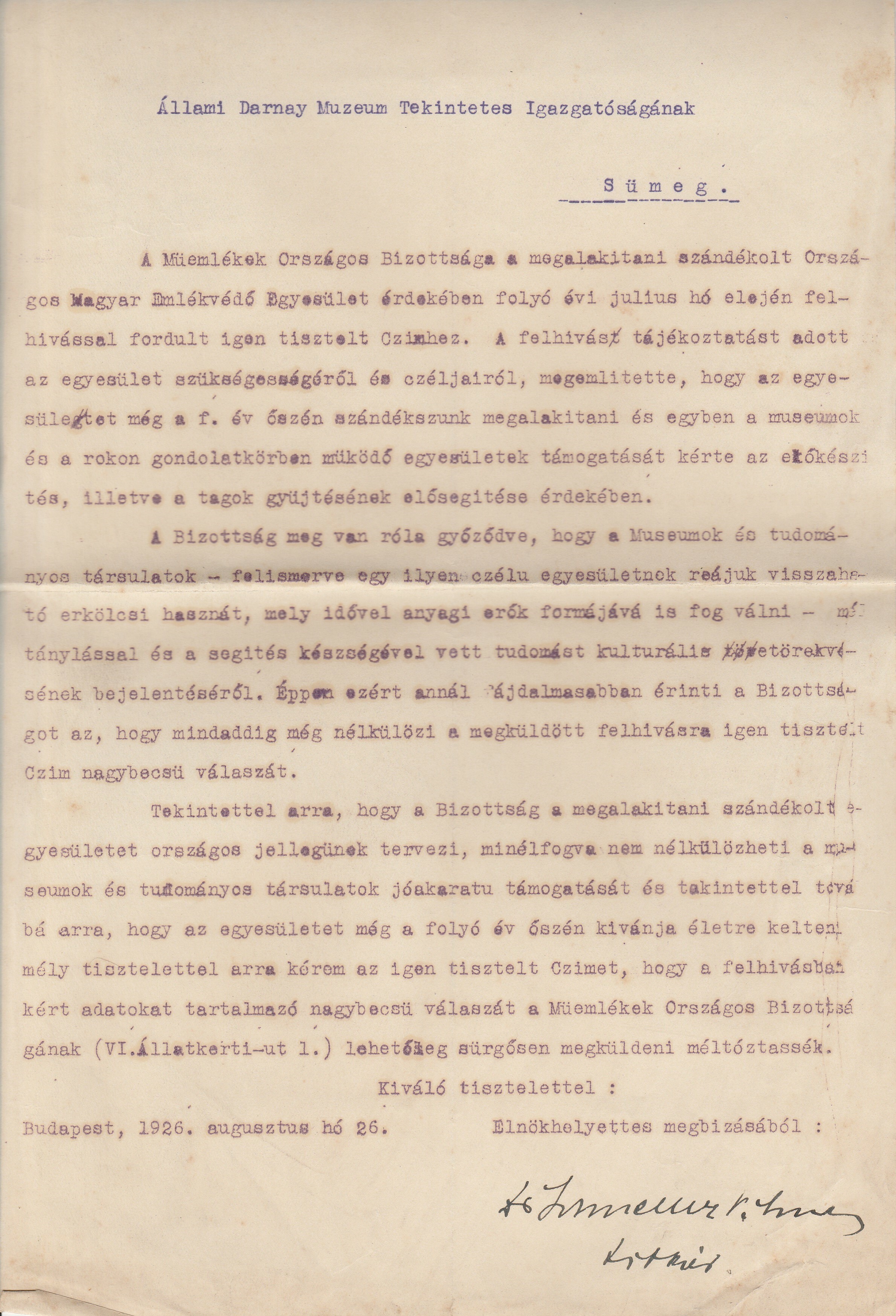 Emlékeztető az Országos Magyar Emlékvédő Egyesület megalakításával kapcsolatban (Tapolcai Városi Múzeum CC BY-NC-SA)