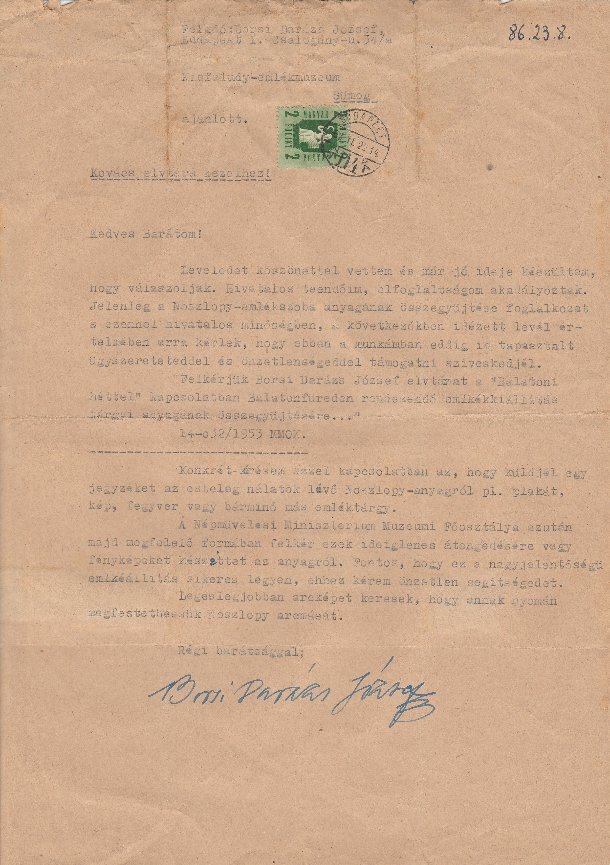 Borsi Darázs József levele a tervezett Noszlopy-kiállítás ügyében (Tapolcai Városi Múzeum CC BY-NC-SA)