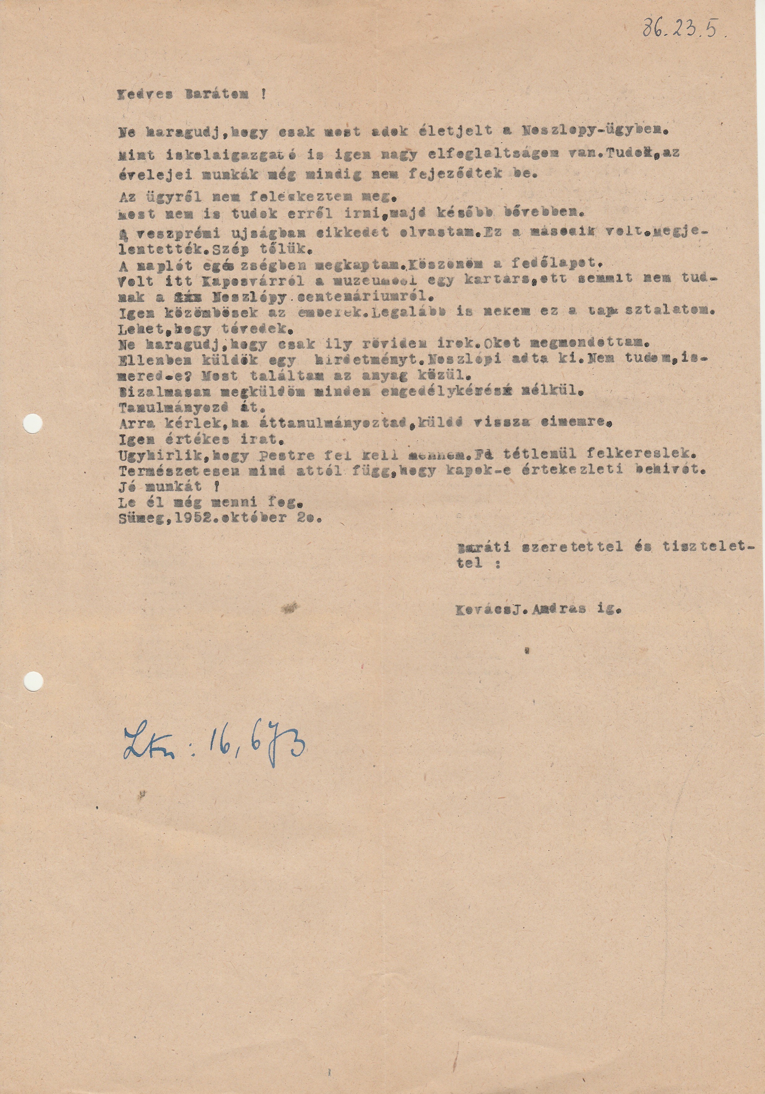 Kovács J. András sümegi múzeumigazgató levele a Noszlopy-megemlékezés ügyében (Tapolcai Városi Múzeum CC BY-NC-SA)