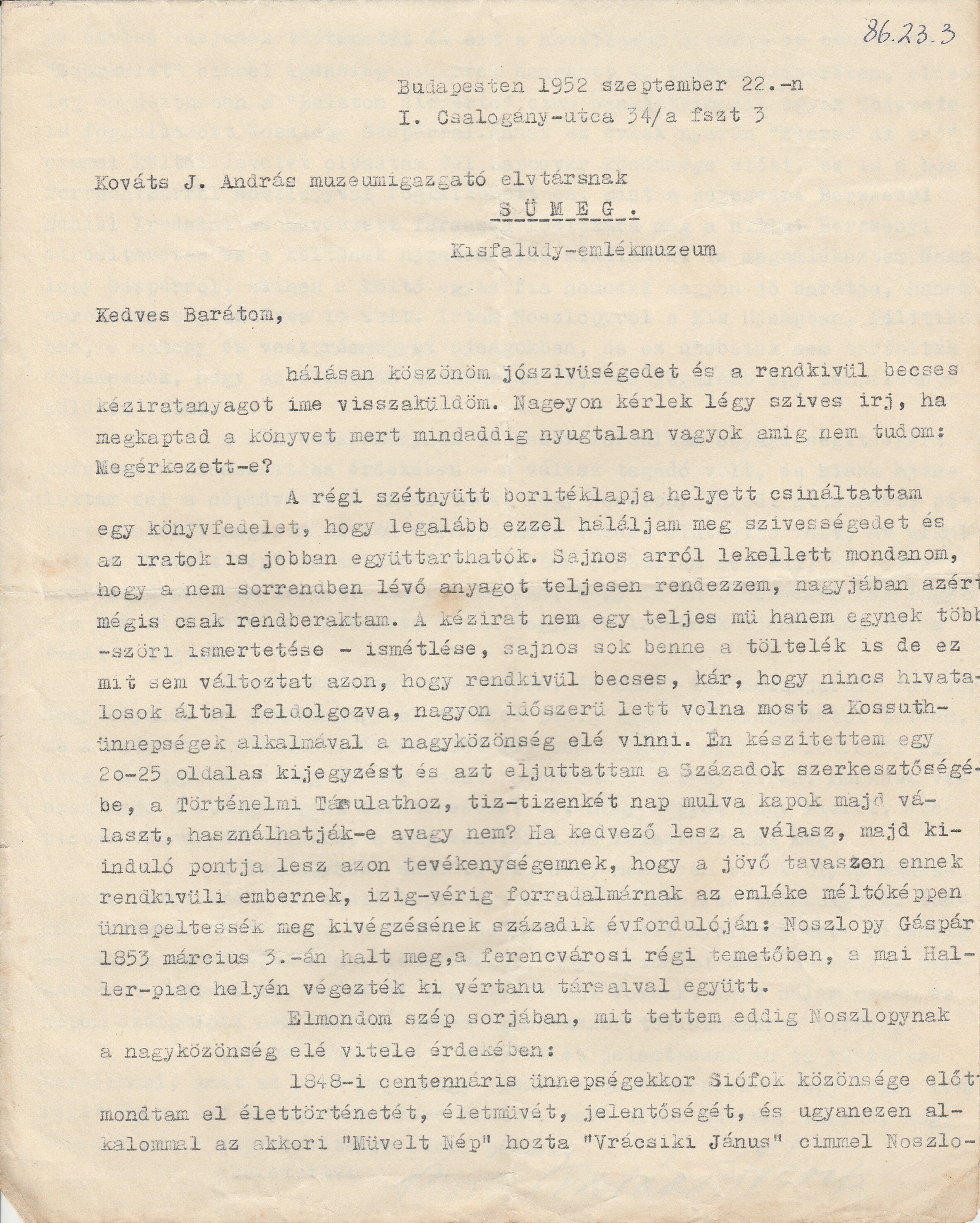 Borsi Darázs József levele Noszlopy Gáspár emlékének ápolásáról (Tapolcai Városi Múzeum CC BY-NC-SA)