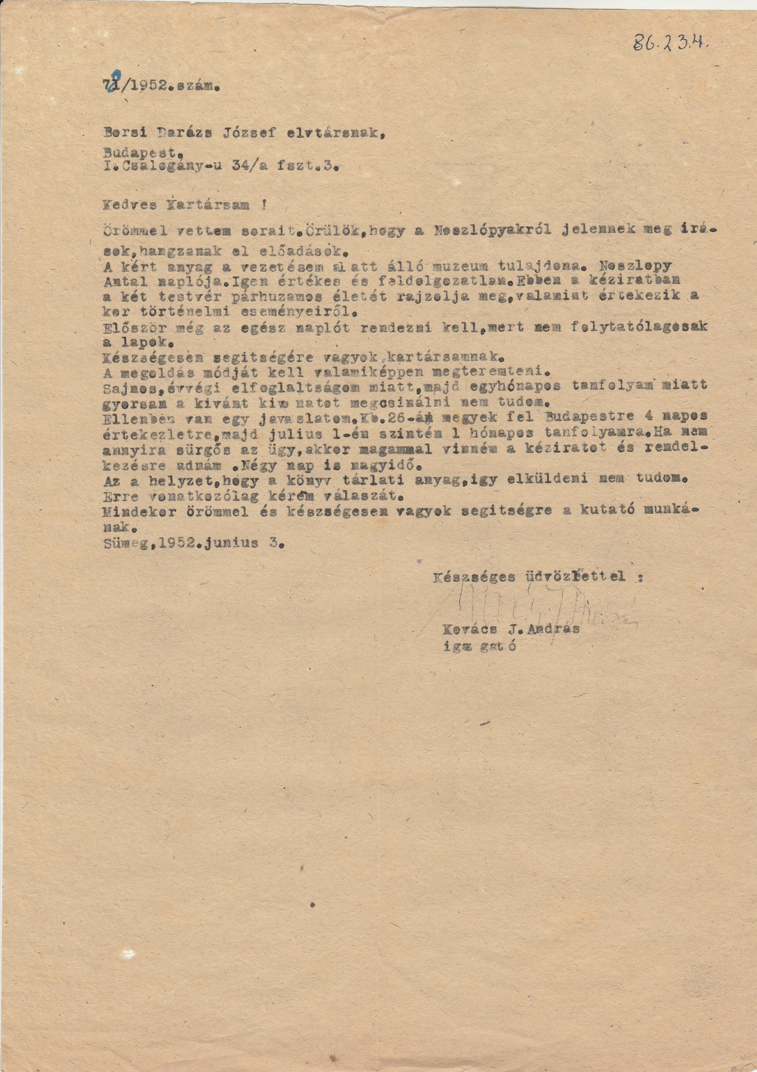 Kovács J. András sümegi múzeumigazgató levele a Noszlopy-napló ügyében (Tapolcai Városi Múzeum CC BY-NC-SA)