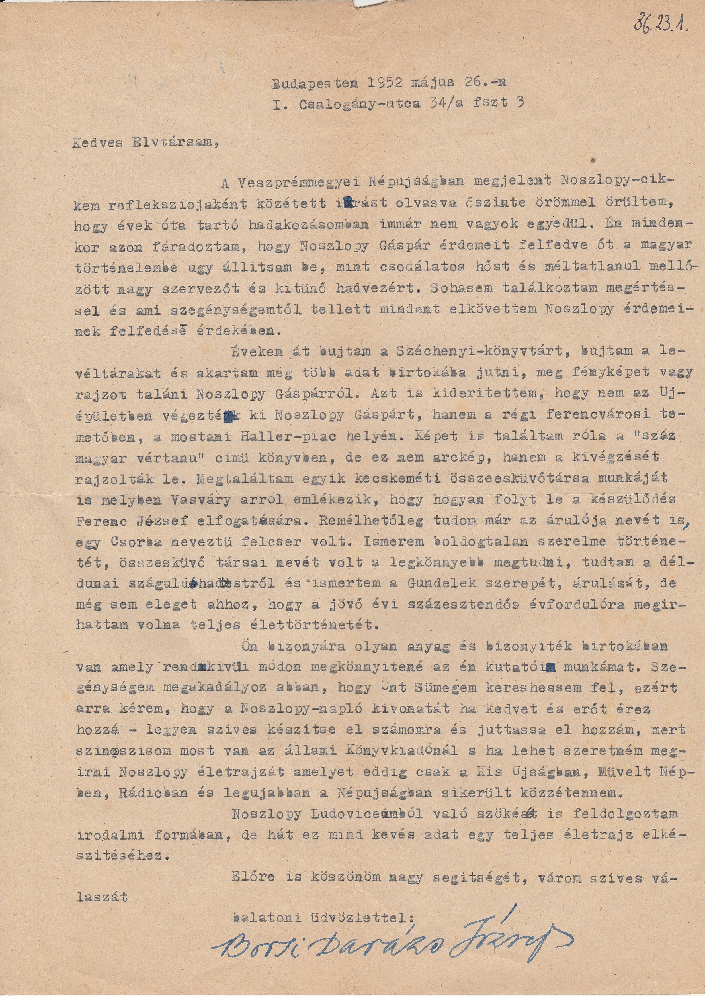 Borsi Darázs József levele a sümegi múzeumnak Noszlopy Gáspárral kapcsolatban (Tapolcai Városi Múzeum CC BY-NC-SA)
