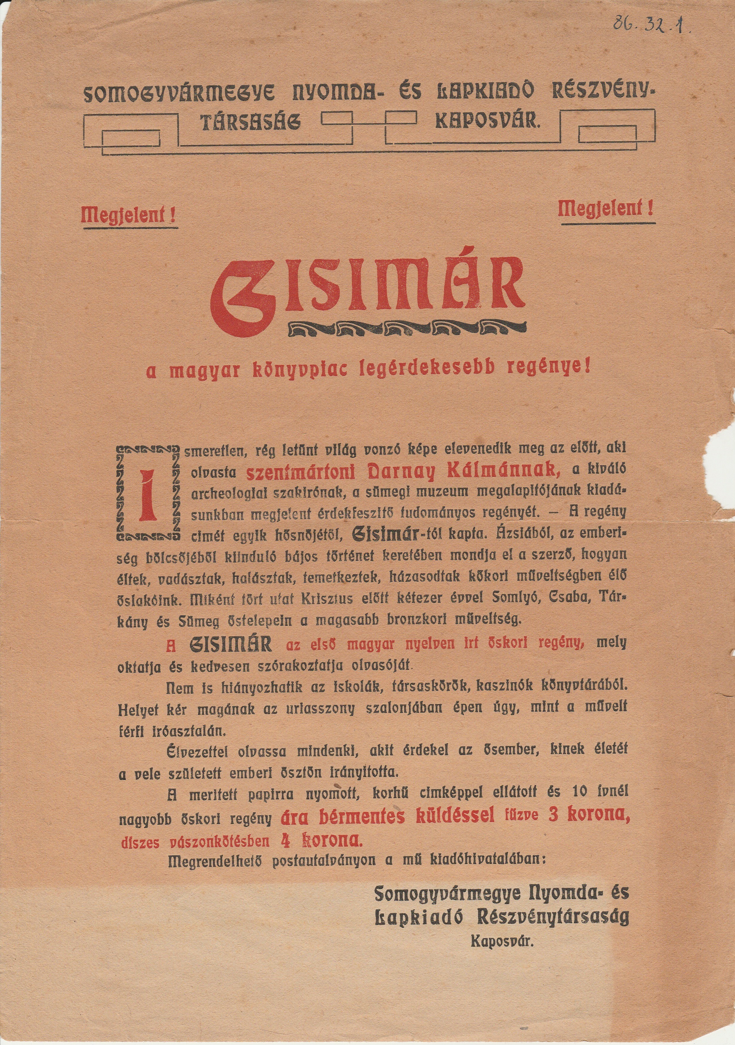Szórólap Darnay Kálmán Gisimár című regényének reklámjával (Tapolcai Városi Múzeum CC BY-NC-SA)