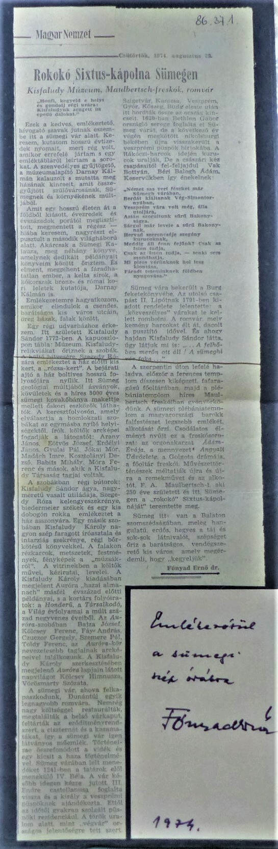 Rokokó Sixtus-kápolna Sümegen című cikk (Tapolcai Városi Múzeum CC BY-NC-SA)