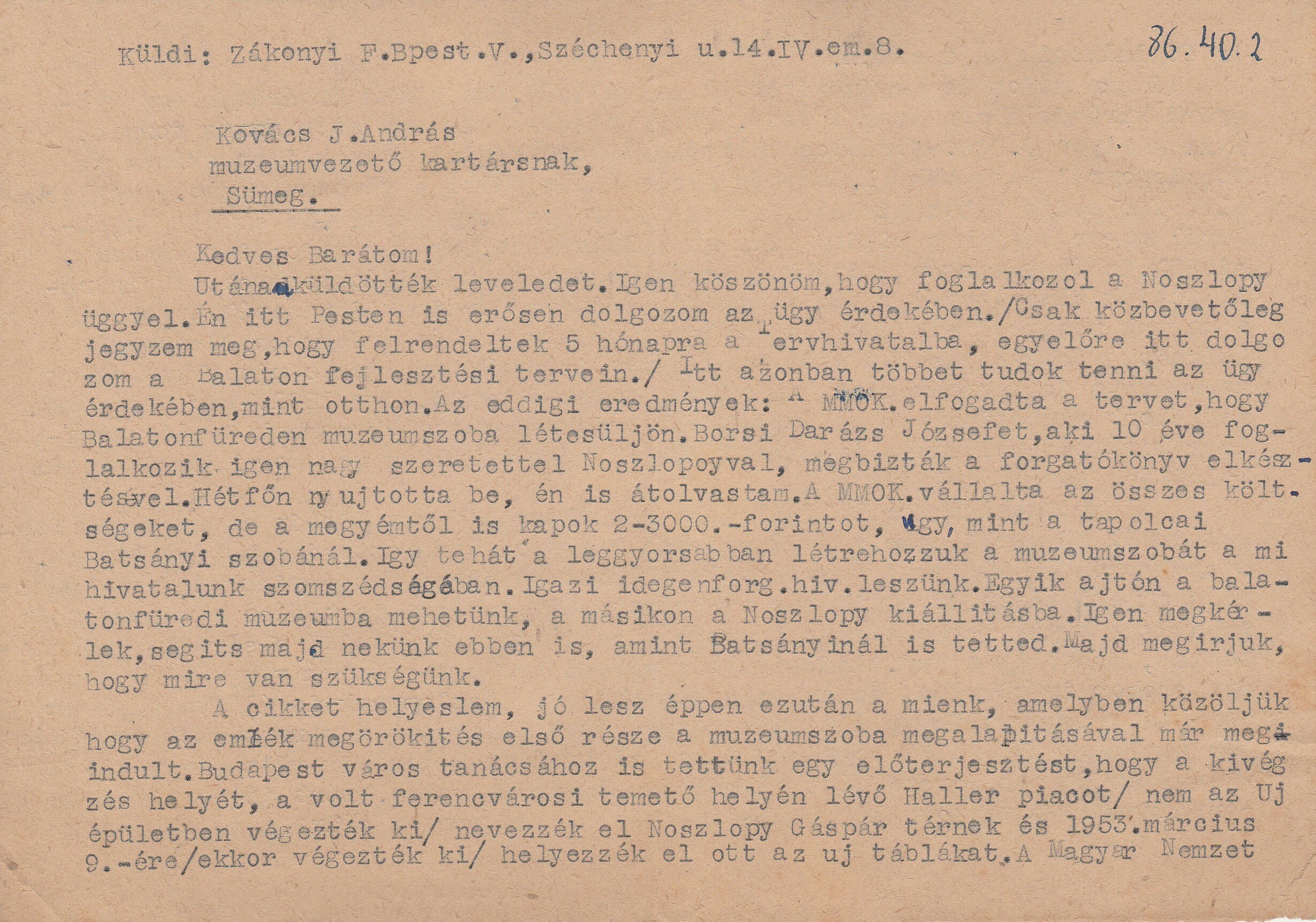 Zákonyi Ferenc levele Kovács J. András múzeumvezetőnek (Tapolcai Városi Múzeum CC BY-NC-SA)
