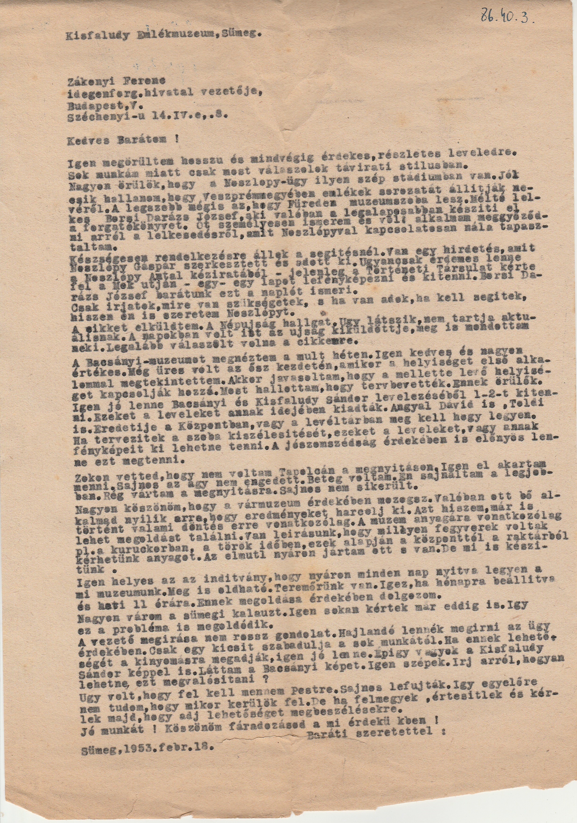 Kovács J. András múzeumvezető levele Zákonyi Ferencnek (Tapolcai Városi Múzeum CC BY-NC-SA)