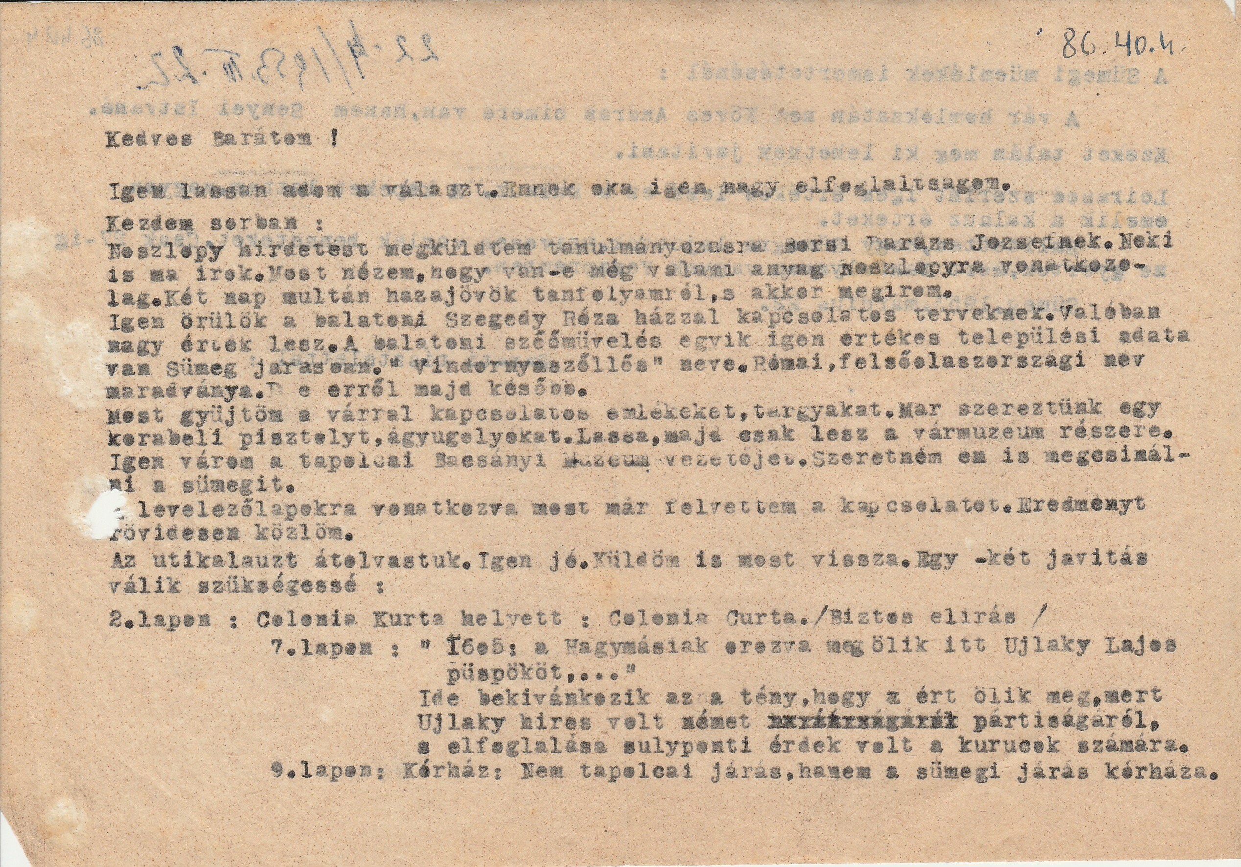 Kovács J. András sümegi múzeumvezető levele Zákonyi Ferencnek (Tapolcai Városi Múzeum CC BY-NC-SA)