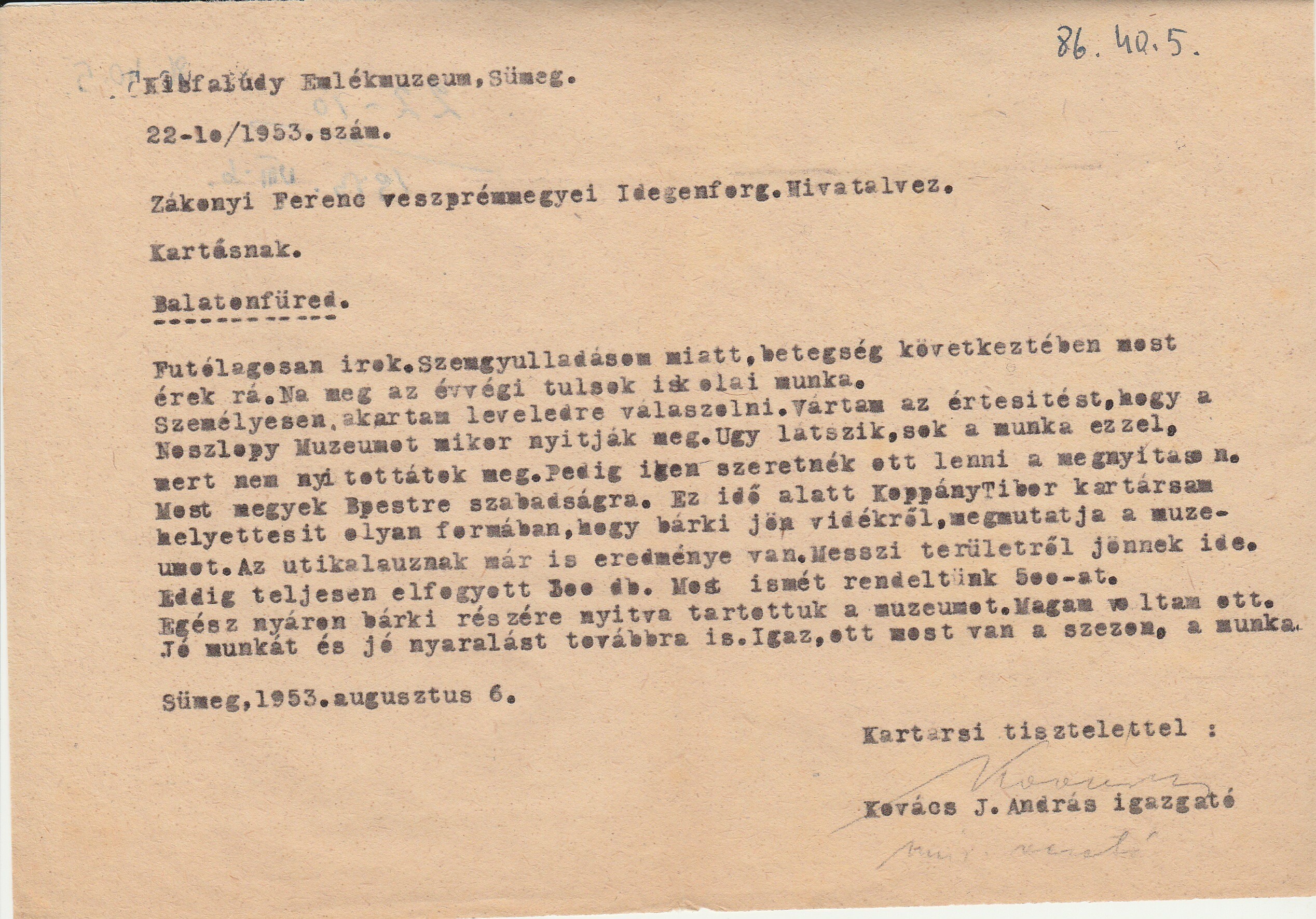 Kovács J. András múzeumvezető levele Zákonyi Ferenc idegenforgalmi hivatalvezetőnek (Tapolcai Városi Múzeum CC BY-NC-SA)