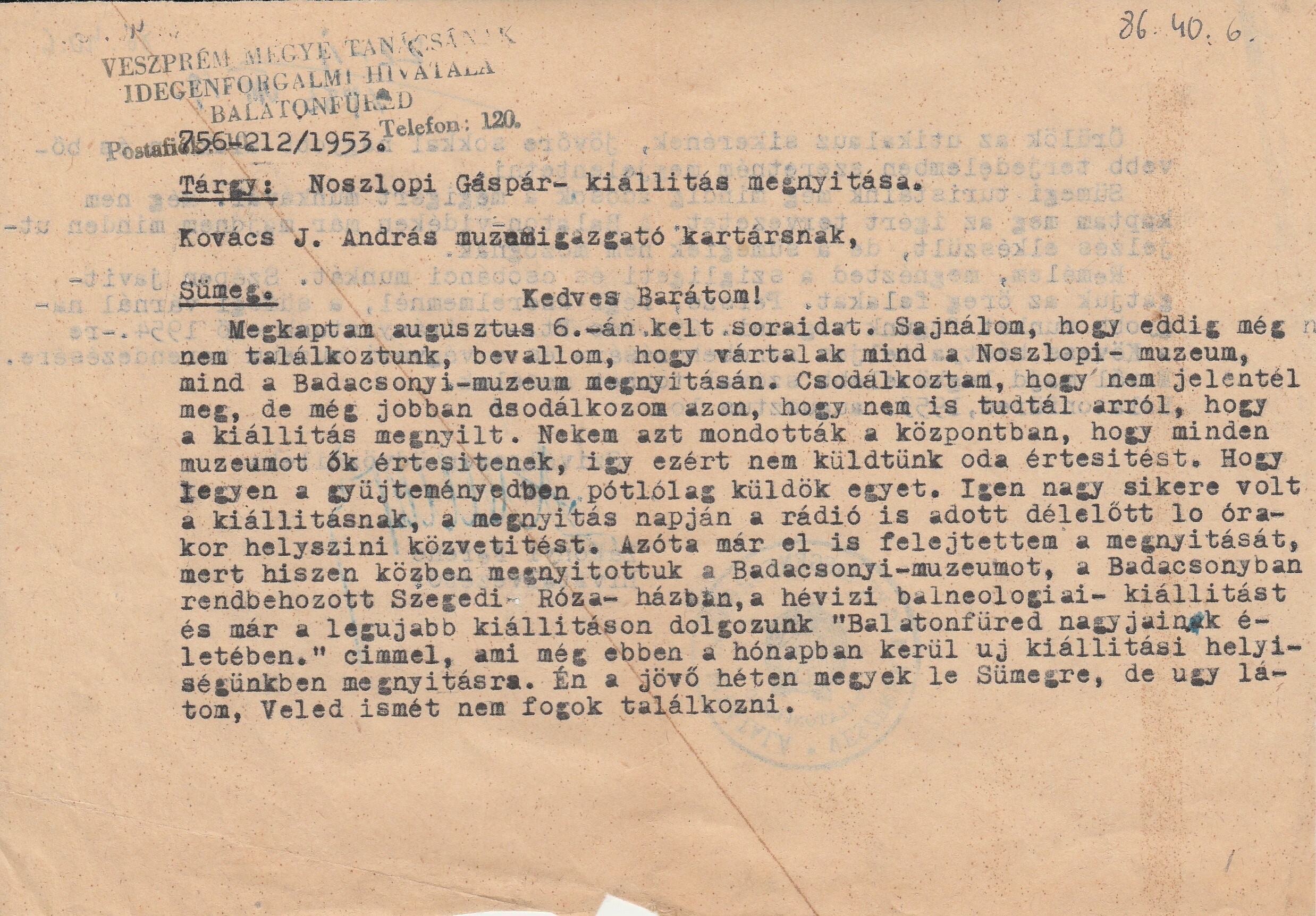 Zákonyi Ferenc levele a Kovács J. András múzeumvezetőnek (Tapolcai Városi Múzeum CC BY-NC-SA)