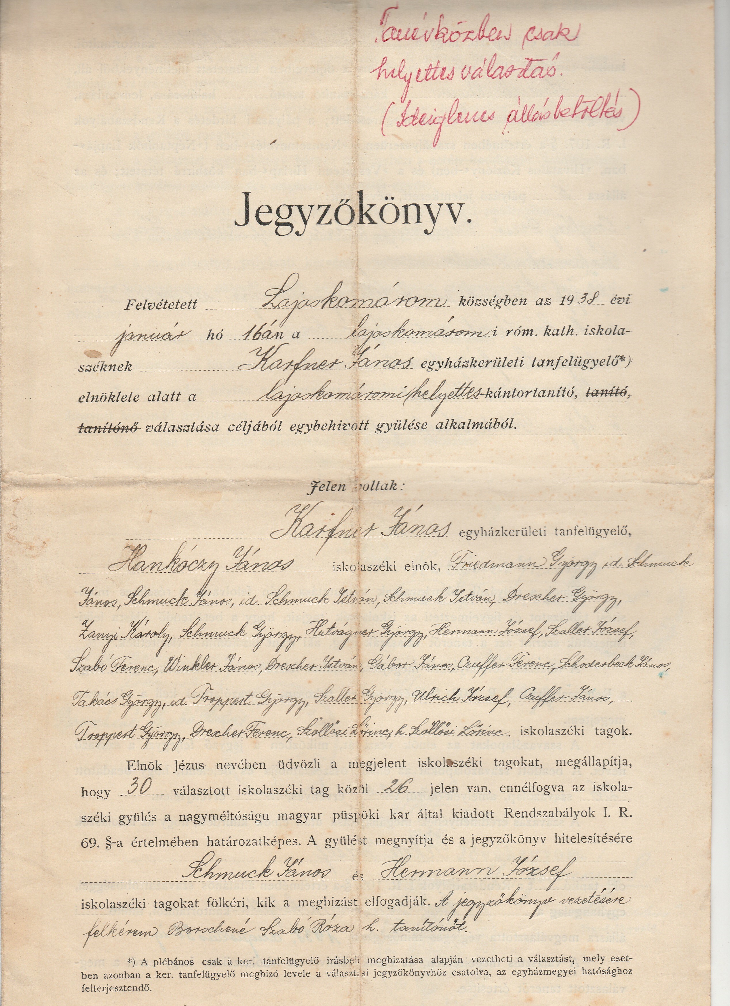Jegyzőkönyv lajoskomáromi helyettes kántortanító választásáról (Tapolcai Városi Múzeum CC BY-NC-SA)
