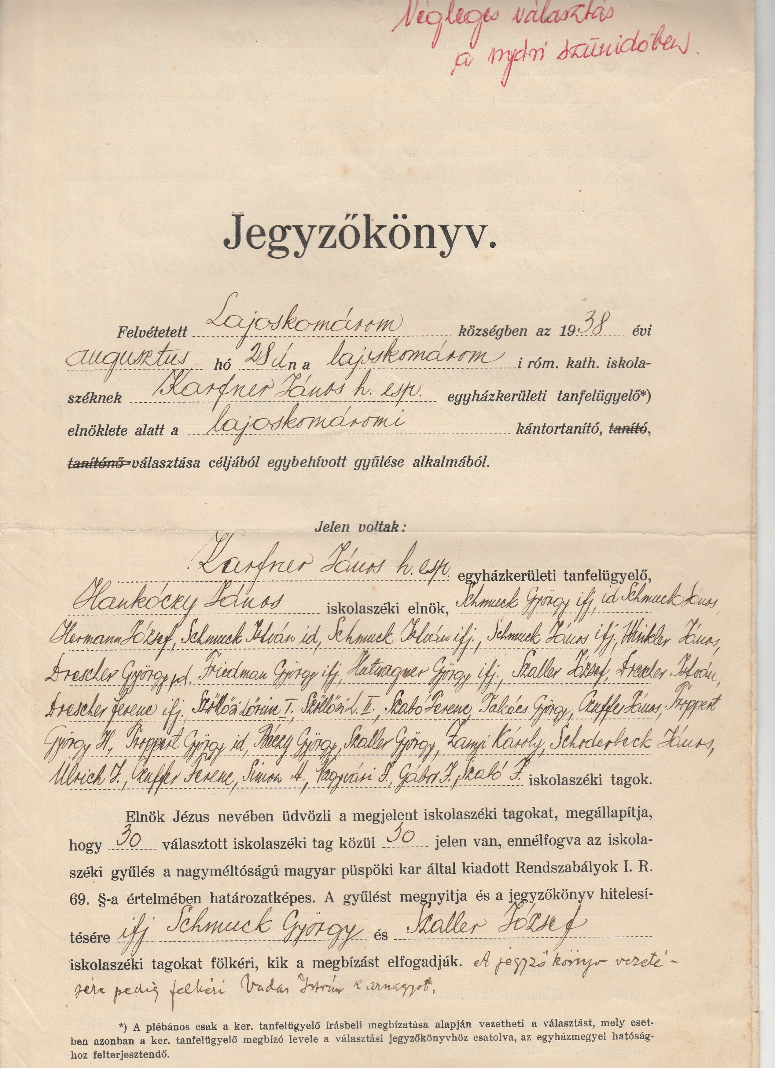 Jegyzőkönyv lajoskomáromi kántortanító választásáról (Tapolcai Városi Múzeum CC BY-NC-SA)