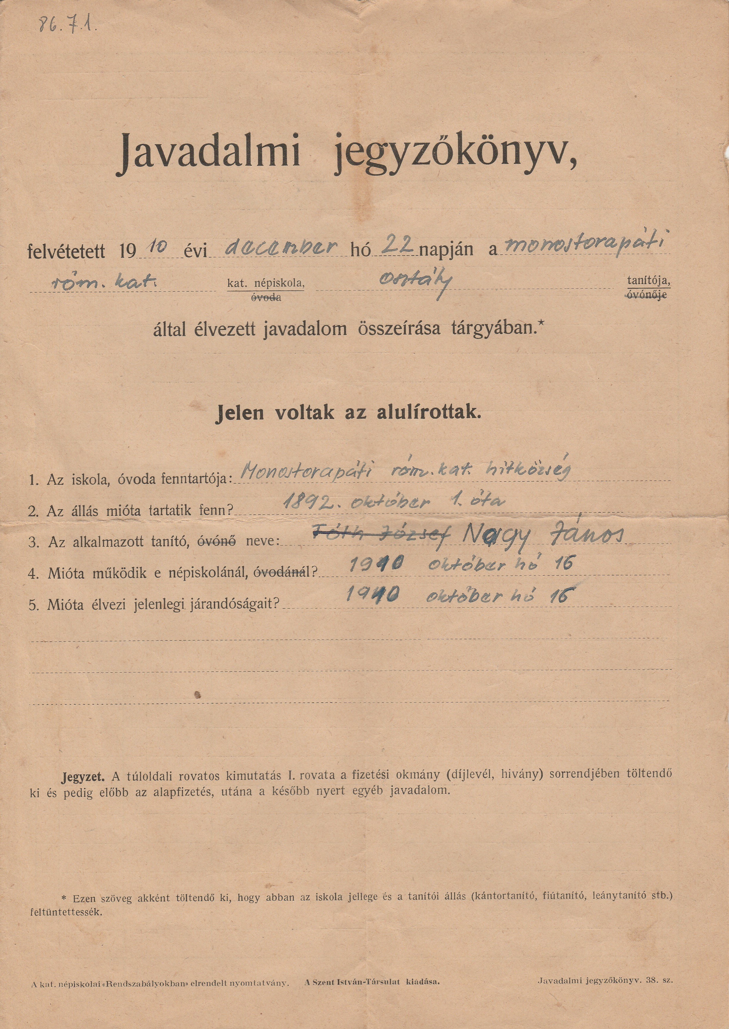 Javadalmi jegyzőkönyv monostorapáti tanító részére (Tapolcai Városi Múzeum CC BY-NC-SA)