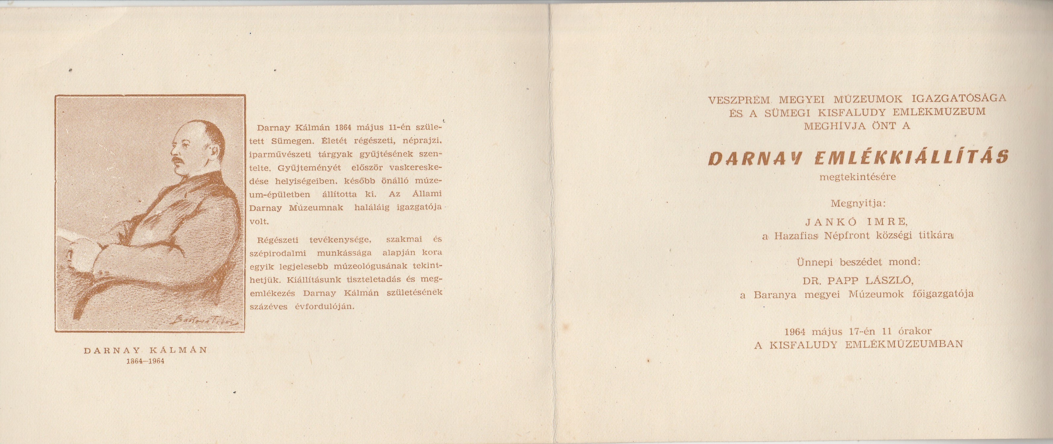 Meghívó a sümegi Darnay-emlékkiállításra (Tapolcai Városi Múzeum CC BY-NC-SA)