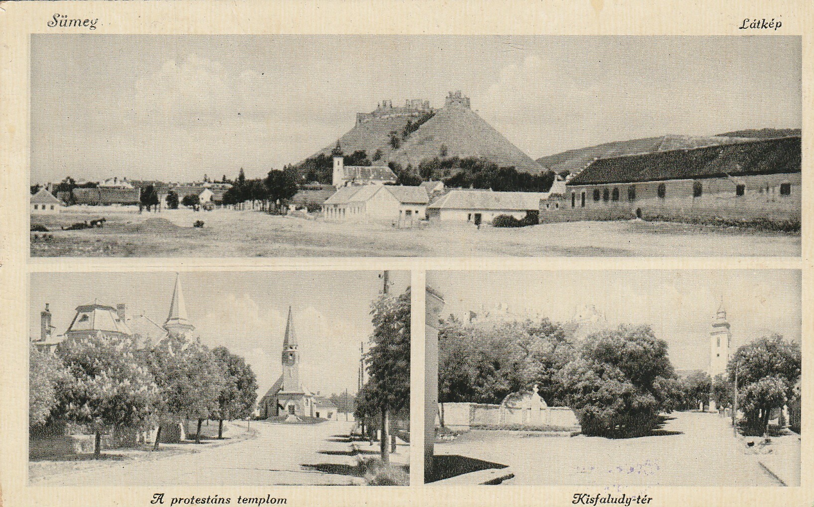 Sümegi képeslap három fotóval (Tapolcai Városi Múzeum CC BY-NC-SA)