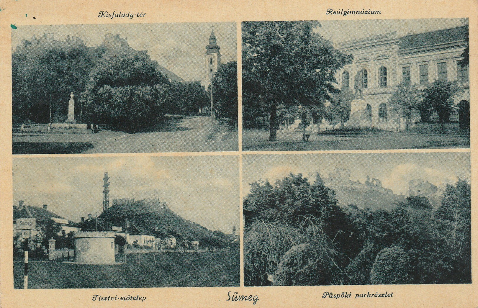 Sümegi képeslap négy városrészlettel (Tapolcai Városi Múzeum CC BY-NC-SA)