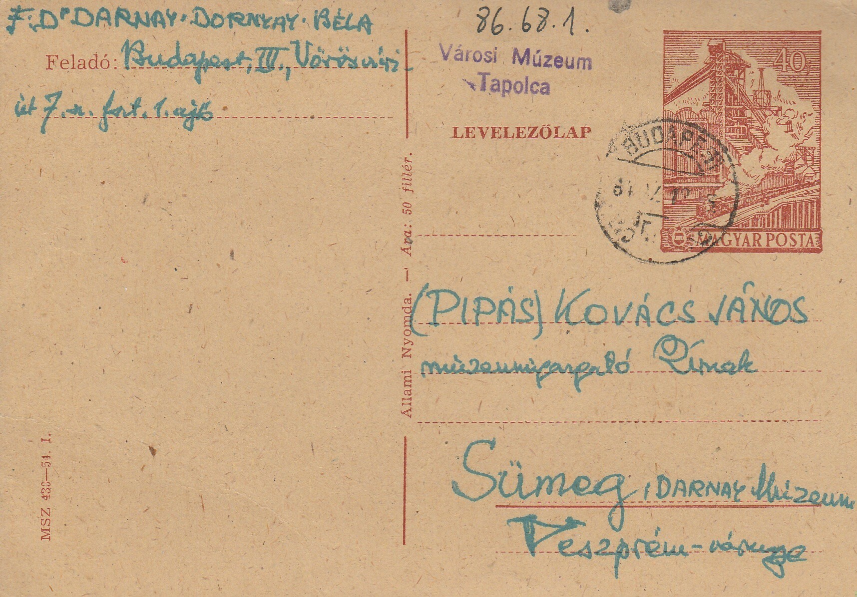 Dr. Darnay Dornyay Béla levele a sümegi múzeum igazgatójához (Tapolcai Városi Múzeum CC BY-NC-SA)