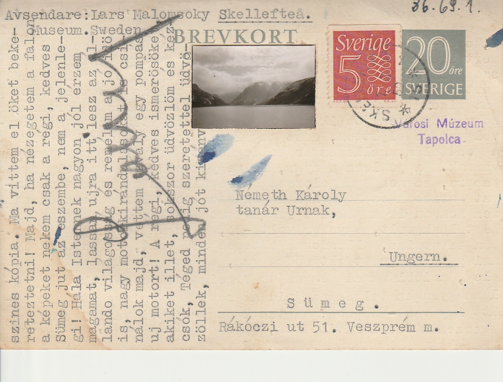 Levelezőlap egy svédországi emigránstól Sümegre (Tapolcai Városi Múzeum CC BY-NC-SA)