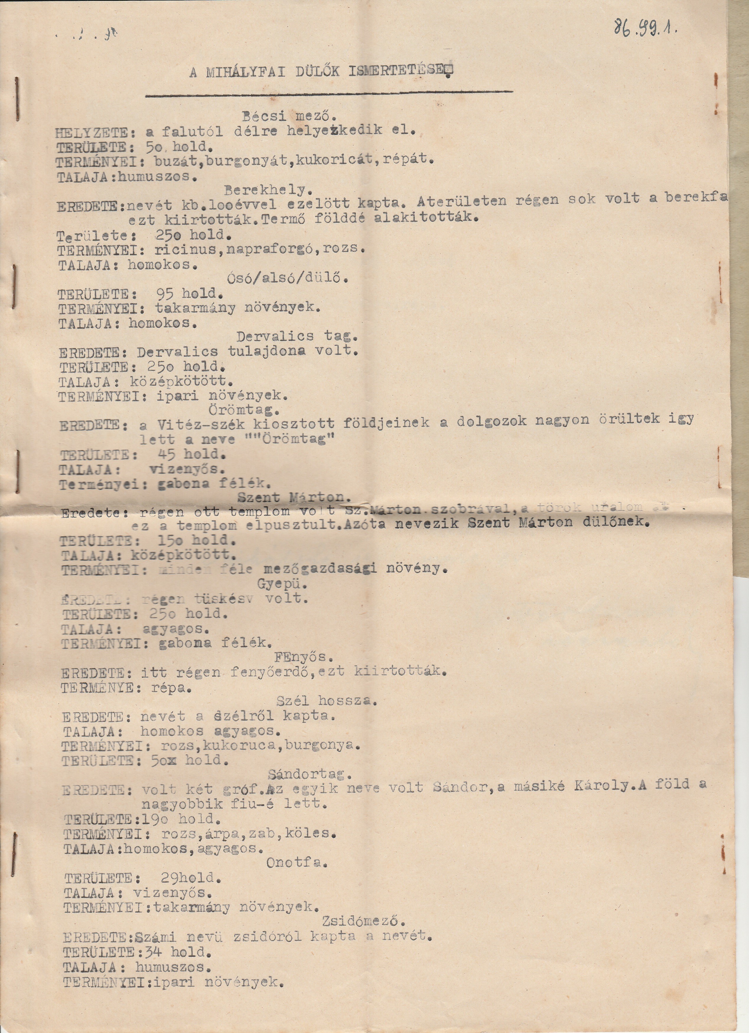 A mihályfai dülők ismertetése c.kézirat (Tapolcai Városi Múzeum CC BY-NC-SA)