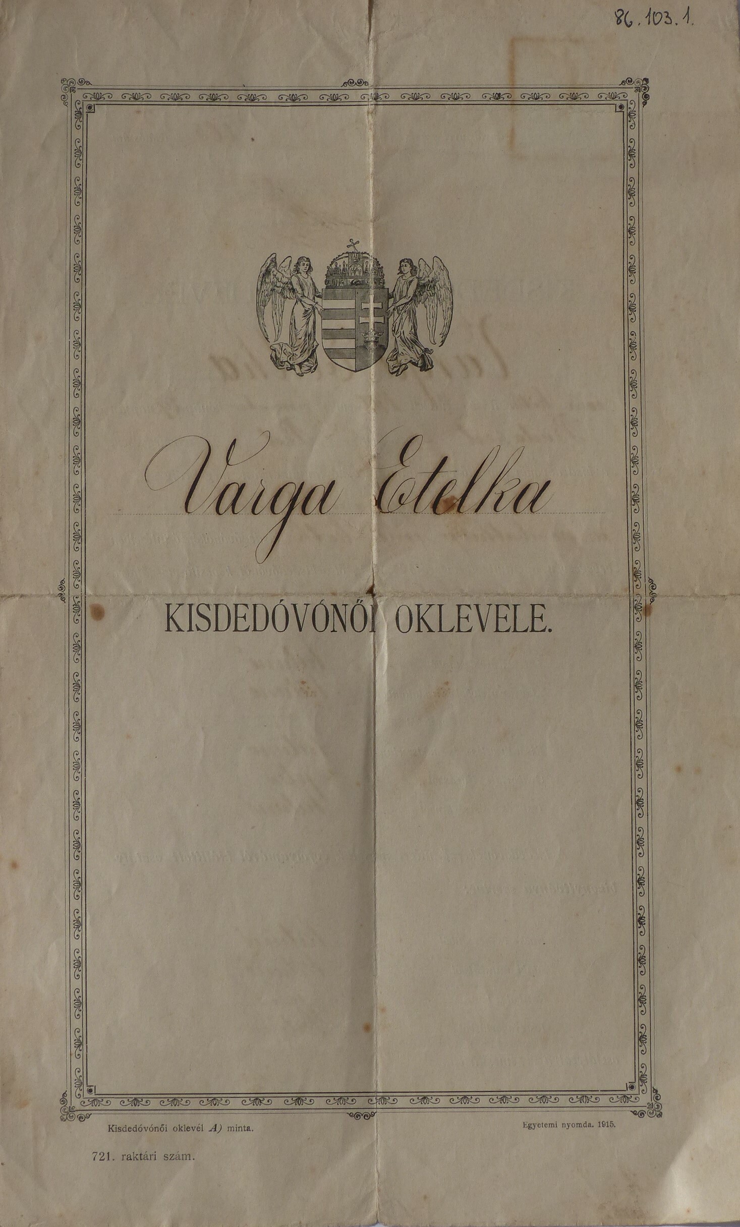 Varga Etelka kisdedóvói oklevele (Tapolcai Városi Múzeum CC BY-NC-SA)