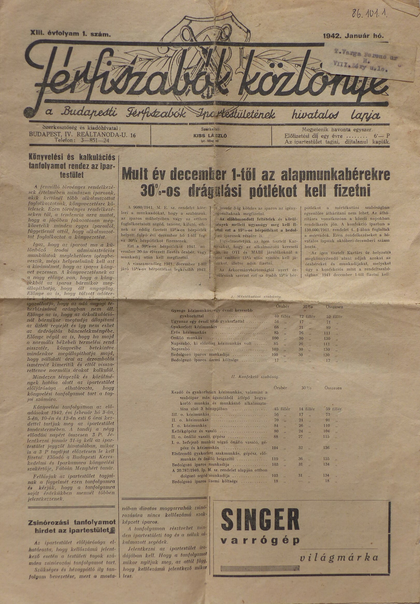 Férfiszabók közlönye 1942 január (Tapolcai Városi Múzeum CC BY-NC-SA)