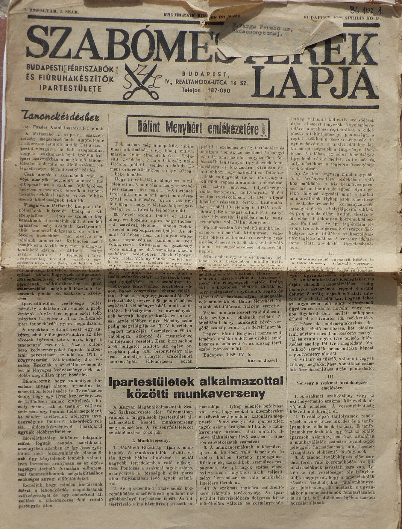 Szabómesterek lapja 1948 április (Tapolcai Városi Múzeum CC BY-NC-SA)