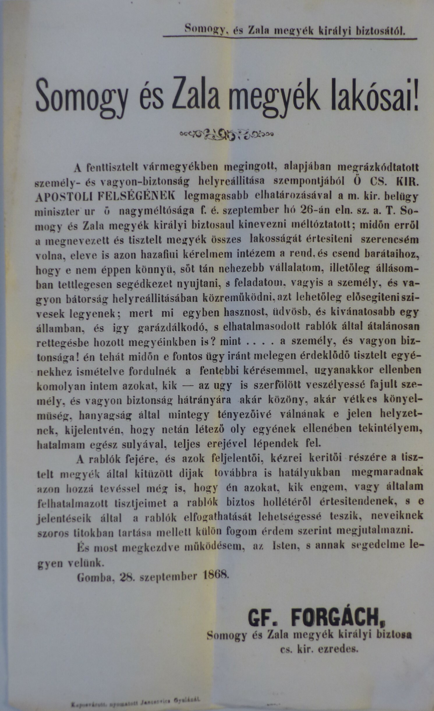 Gróf Forgách Móric királyi biztos felhívása Zala és Somogy megyékhez (Tapolcai Városi Múzeum CC BY-NC-SA)