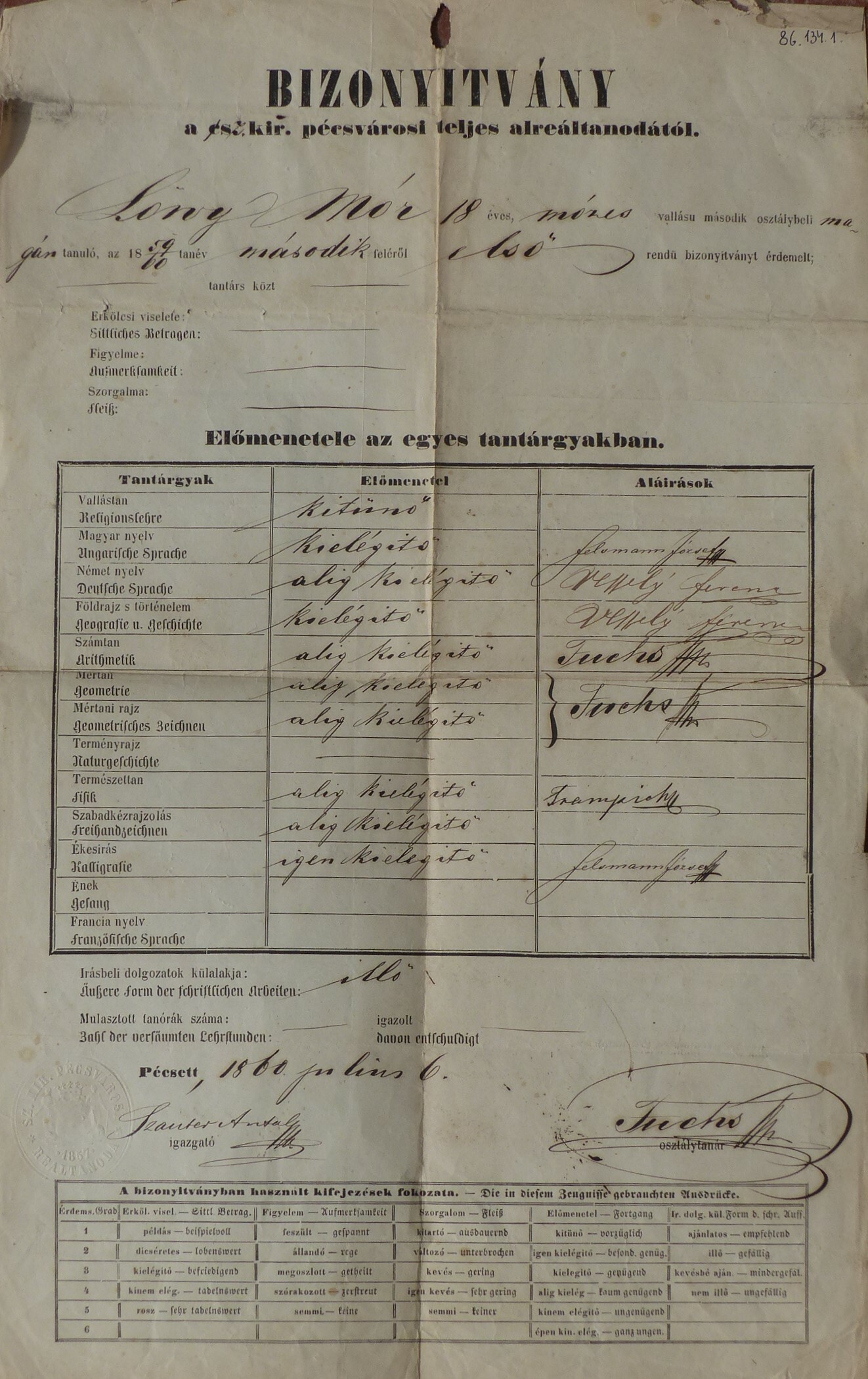 Alreáltanodai bizonyítvány Pécsről 1860 (Tapolcai Városi Múzeum CC BY-NC-SA)