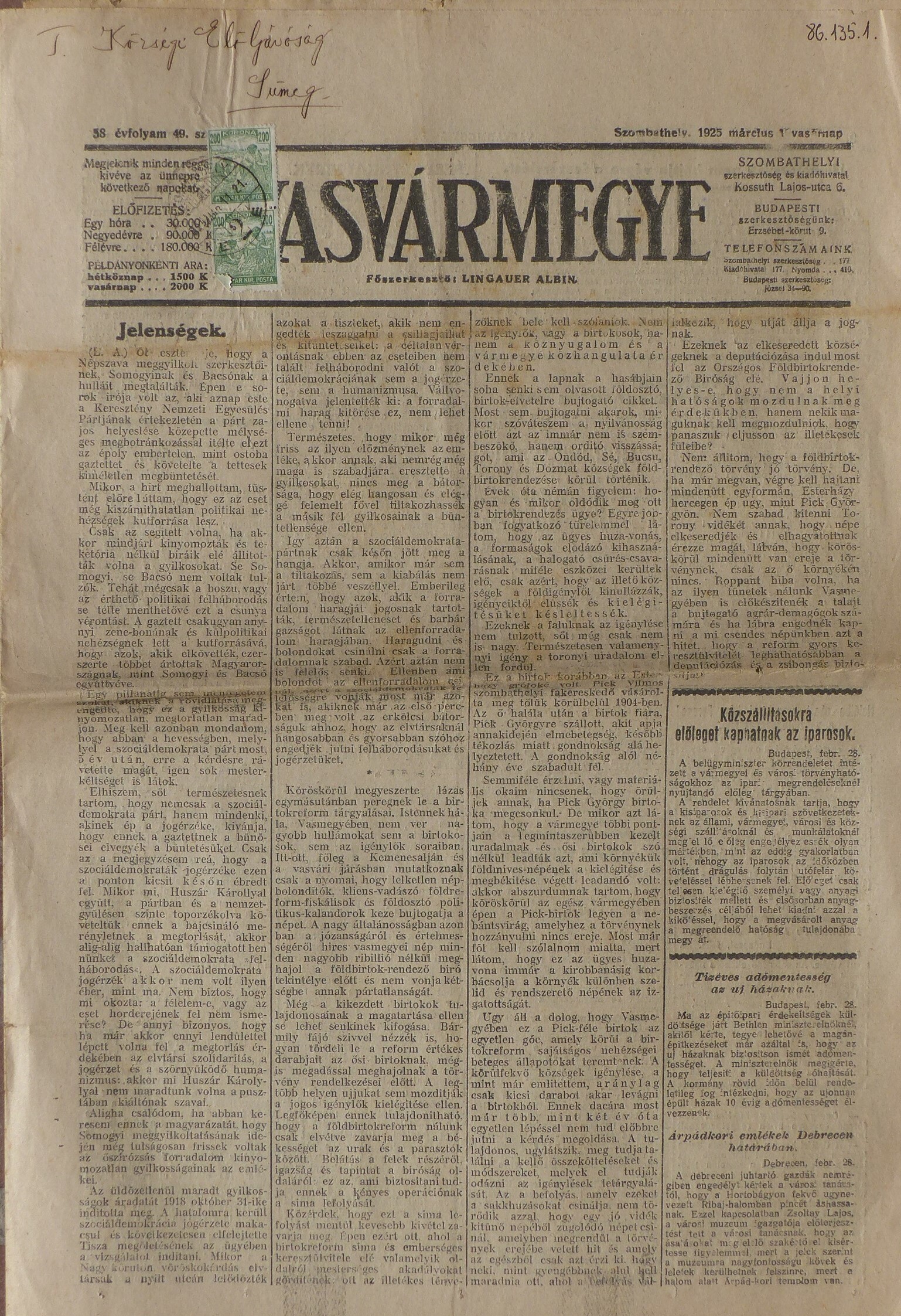 Vasvármegye című újság 1925 márc. 1-i száma (Tapolcai Városi Múzeum CC BY-NC-SA)