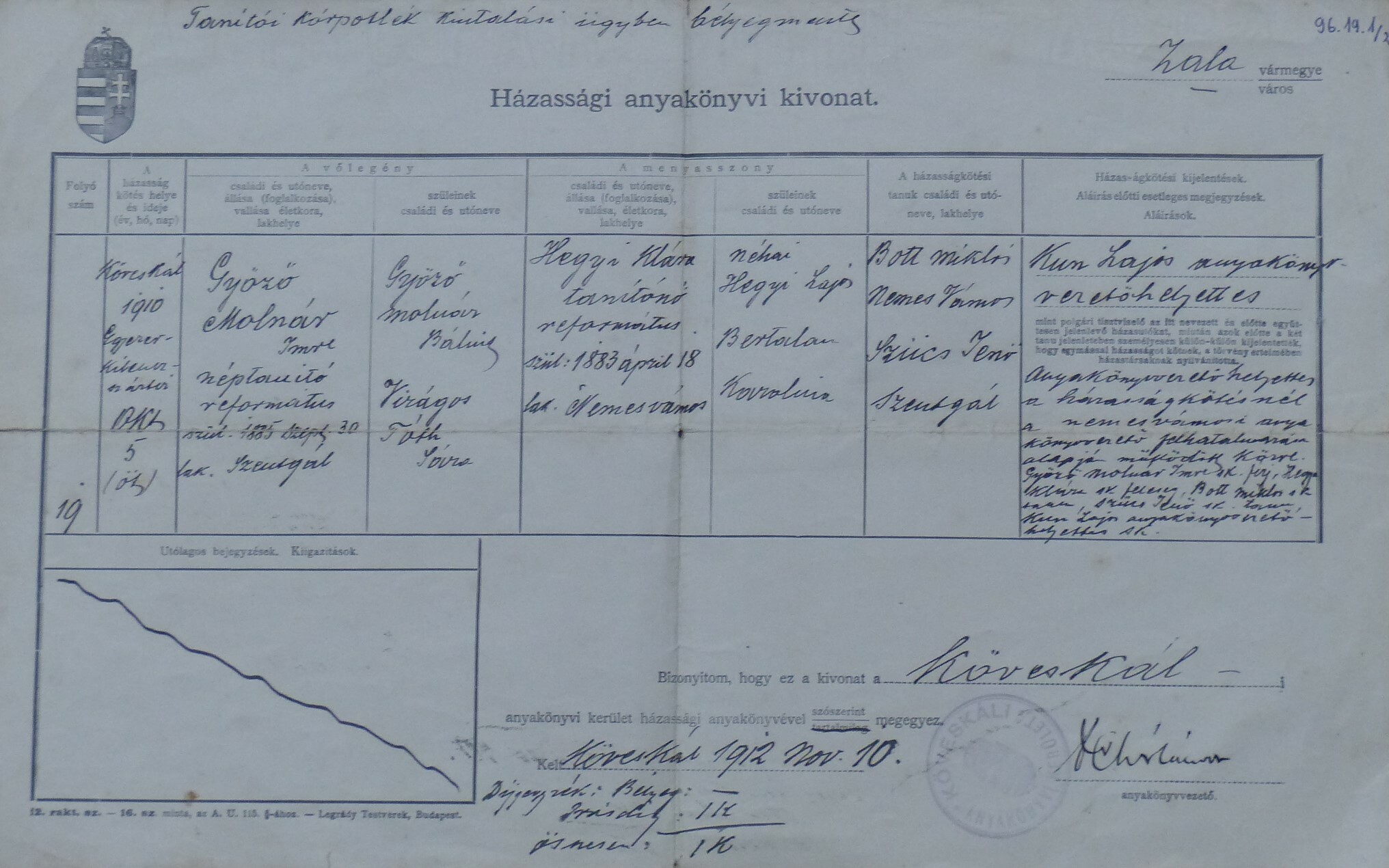 Hegyi Klára házassági anyakönyvi kivonata (Tapolcai Városi Múzeum CC BY-NC-SA)