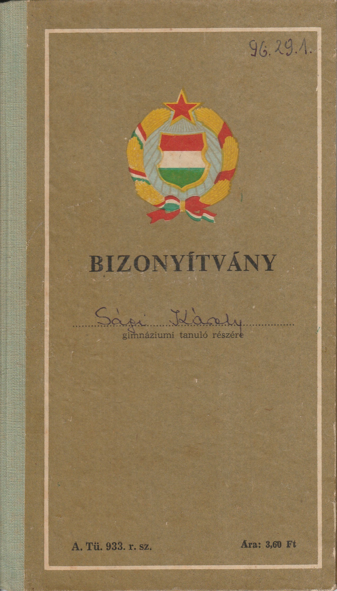 Gimnáziumi bizonyítvány Keszthelyről (Tapolcai Városi Múzeum CC BY-NC-SA)