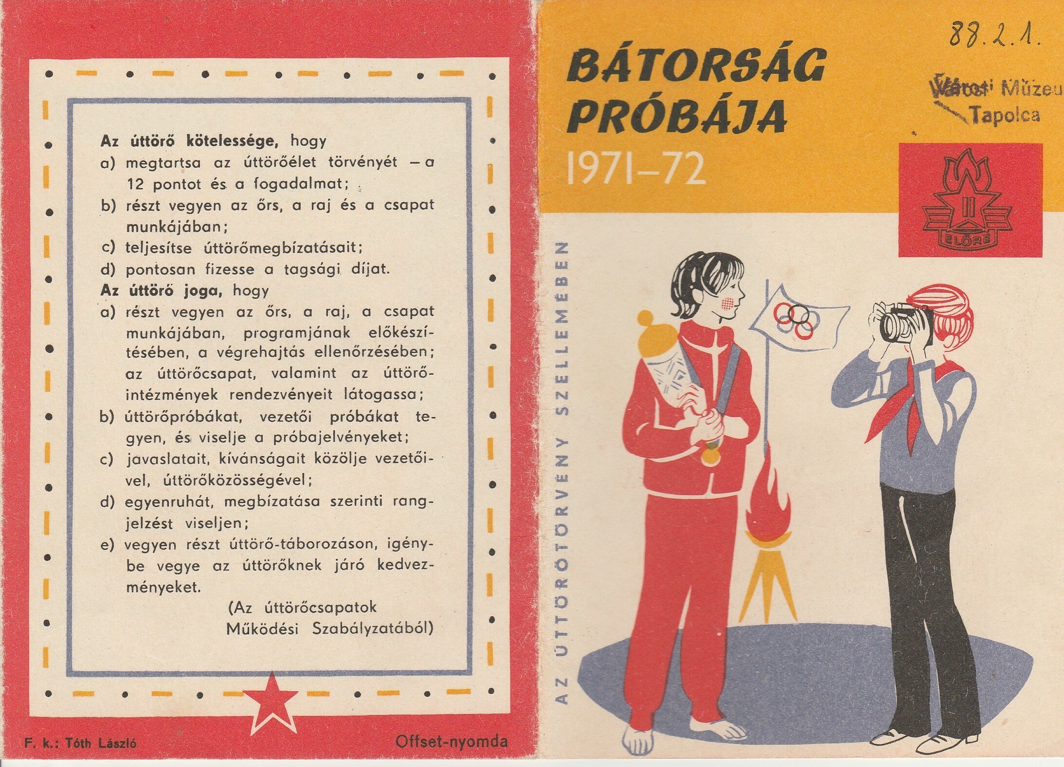 Úttörő bátorságpróba igazoló lapja 1971-72 (Tapolcai Városi Múzeum CC BY-NC-SA)