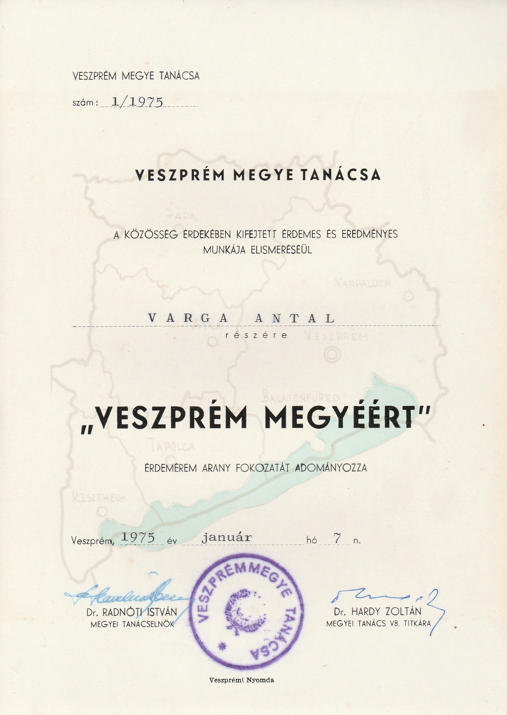 Veszprém Megyéért Érdemérem adományozó oklevele (Tapolcai Városi Múzeum CC BY-NC-SA)