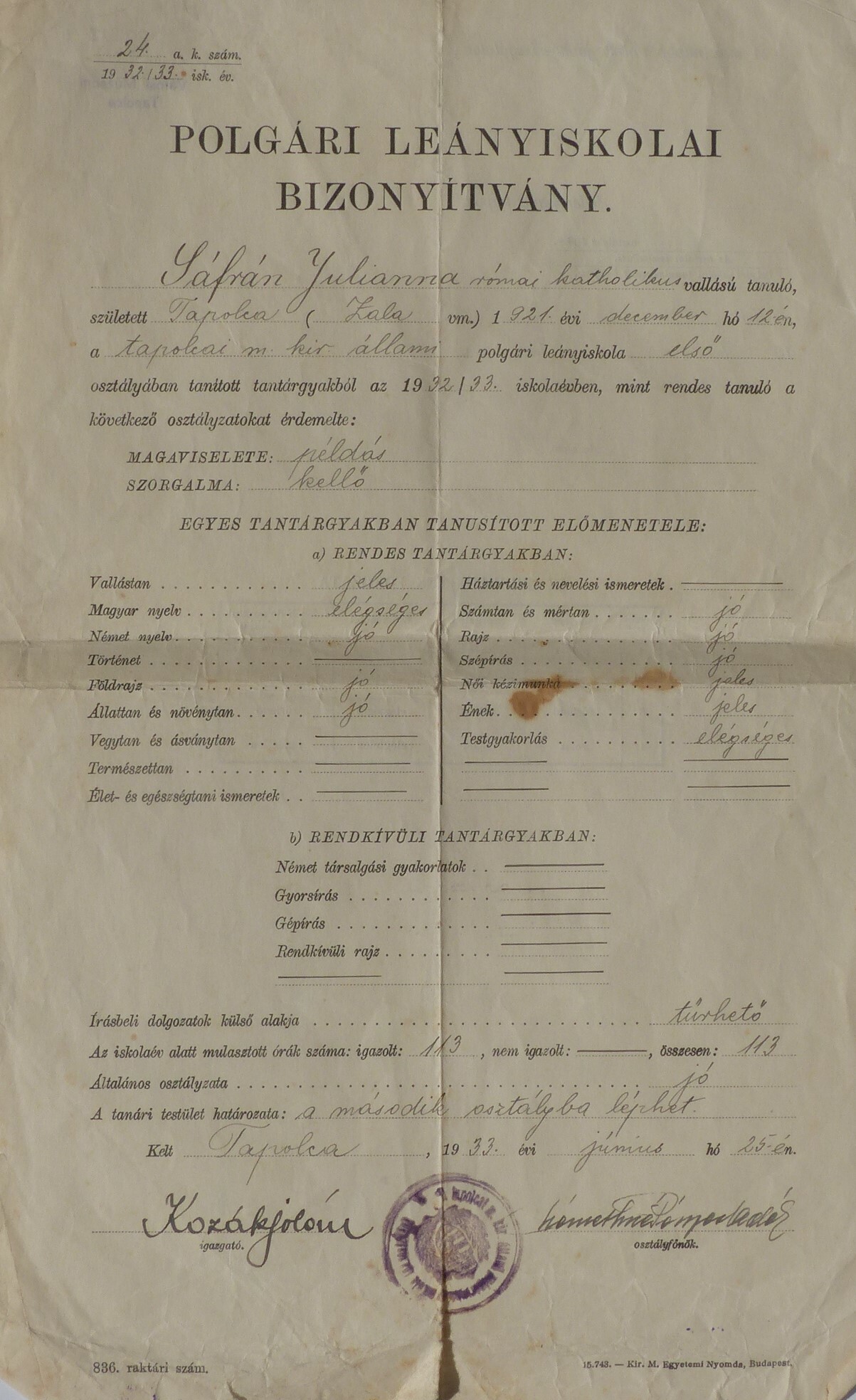 Polgári leányiskolai bizonyítvány (Tapolcai Városi Múzeum CC BY-NC-SA)