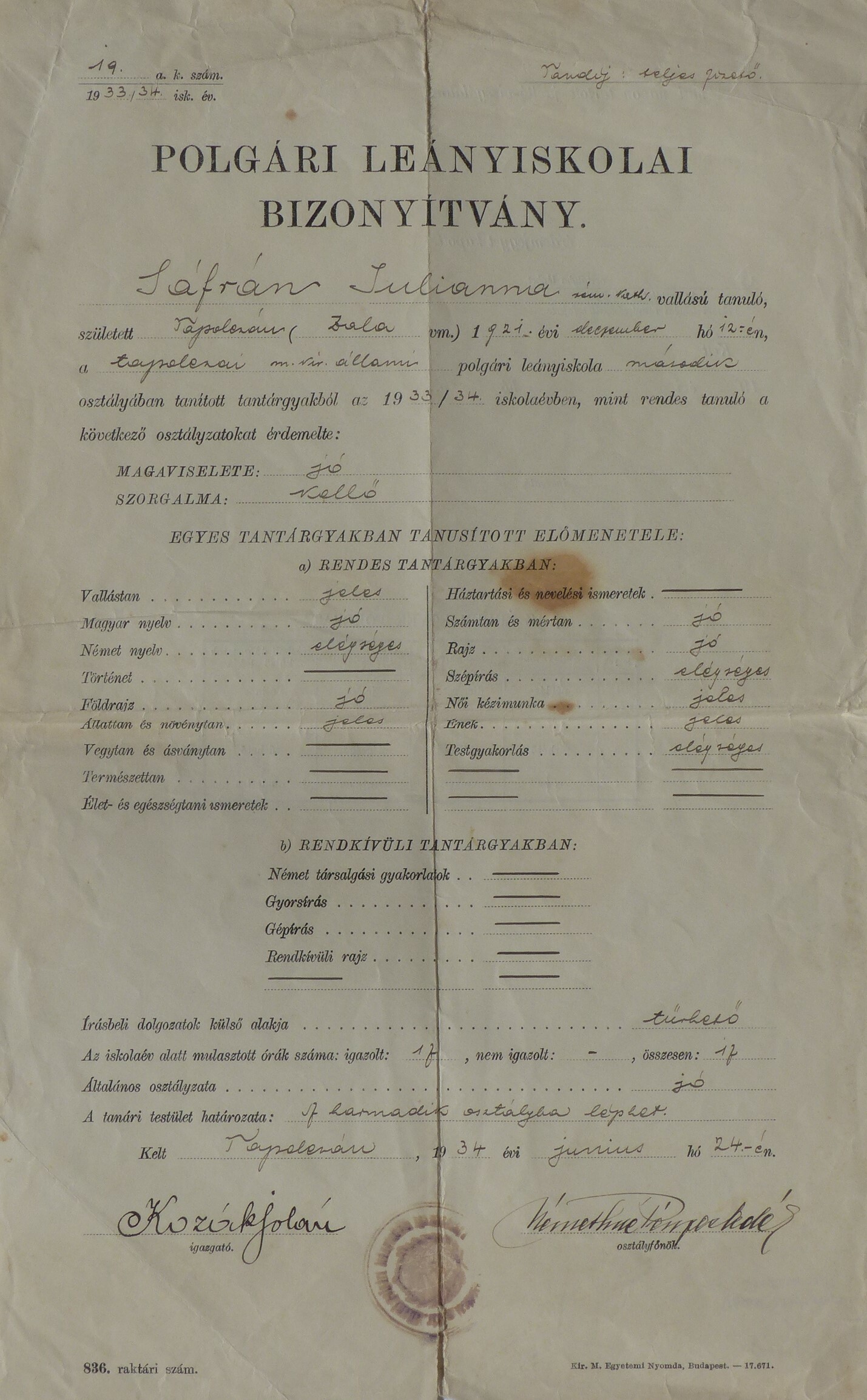 Polgári leányiskolai bizonyítvány Tapolcáról (Tapolcai Városi Múzeum CC BY-NC-SA)