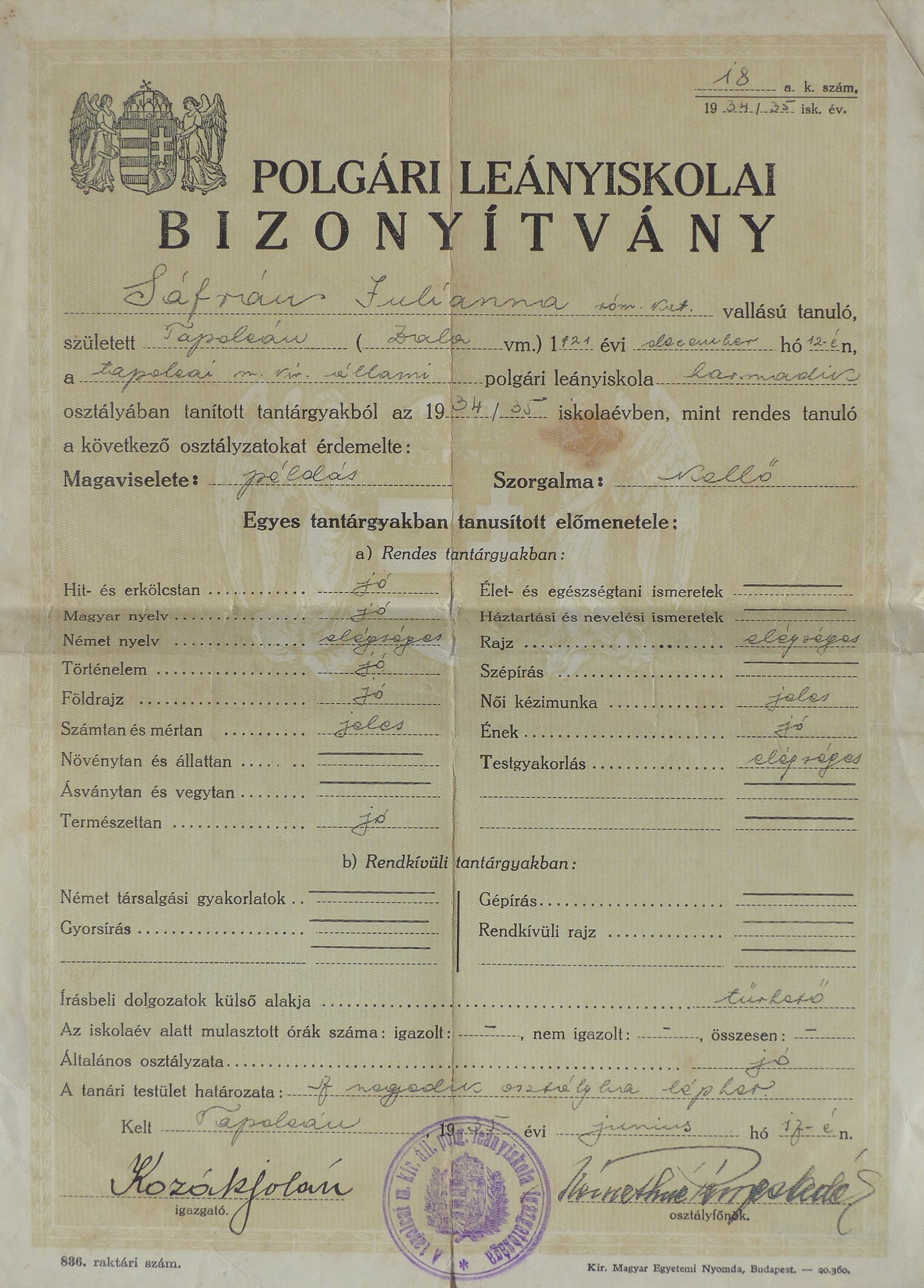 Polgári leányiskolai bizonyítvány Sáfrán Julianna részére (Tapolcai Városi Múzeum CC BY-NC-SA)