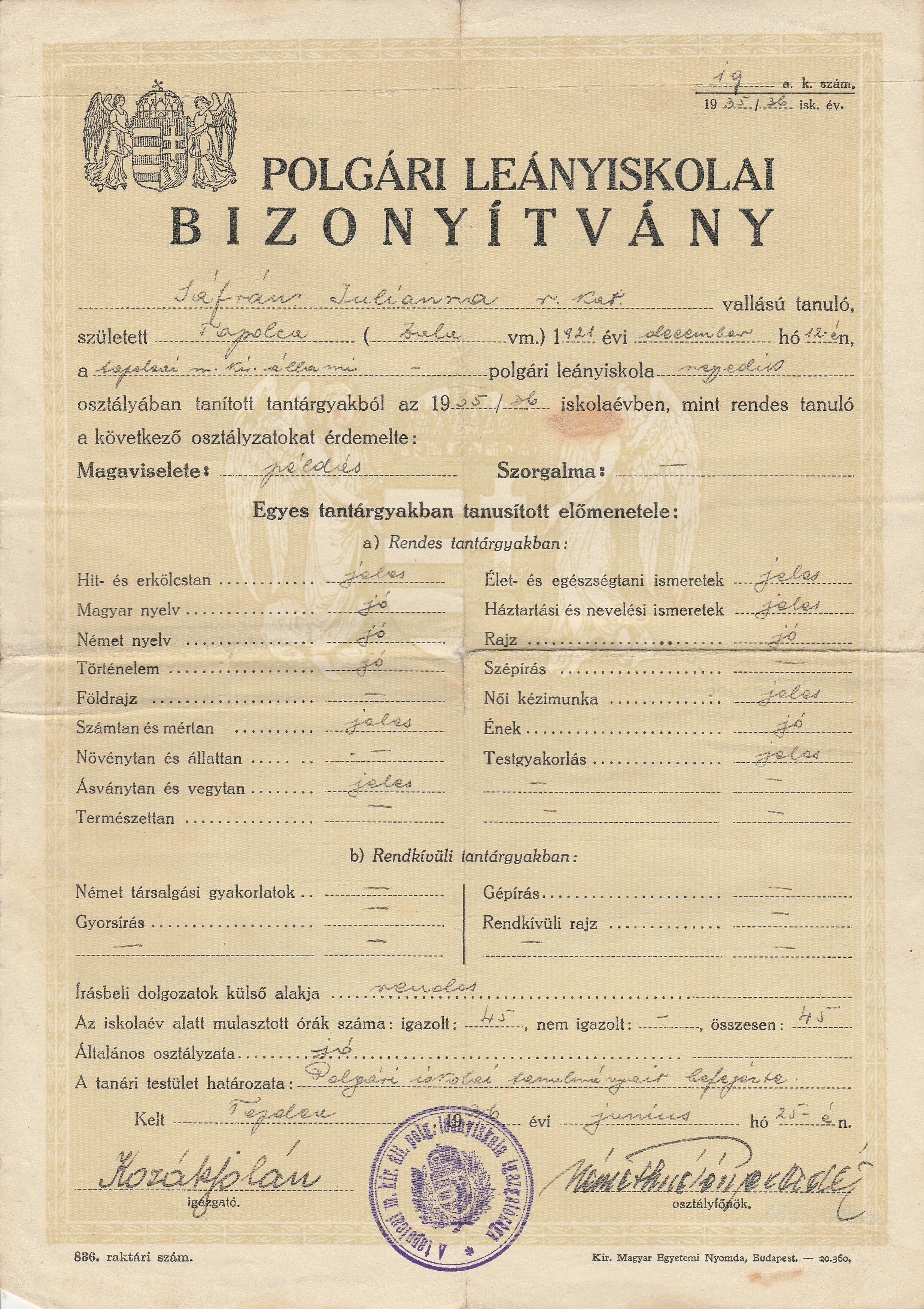 Negyedik osztályos polgári leányiskolai bizonyítvány Tapolcáról (Tapolcai Városi Múzeum CC BY-NC-SA)