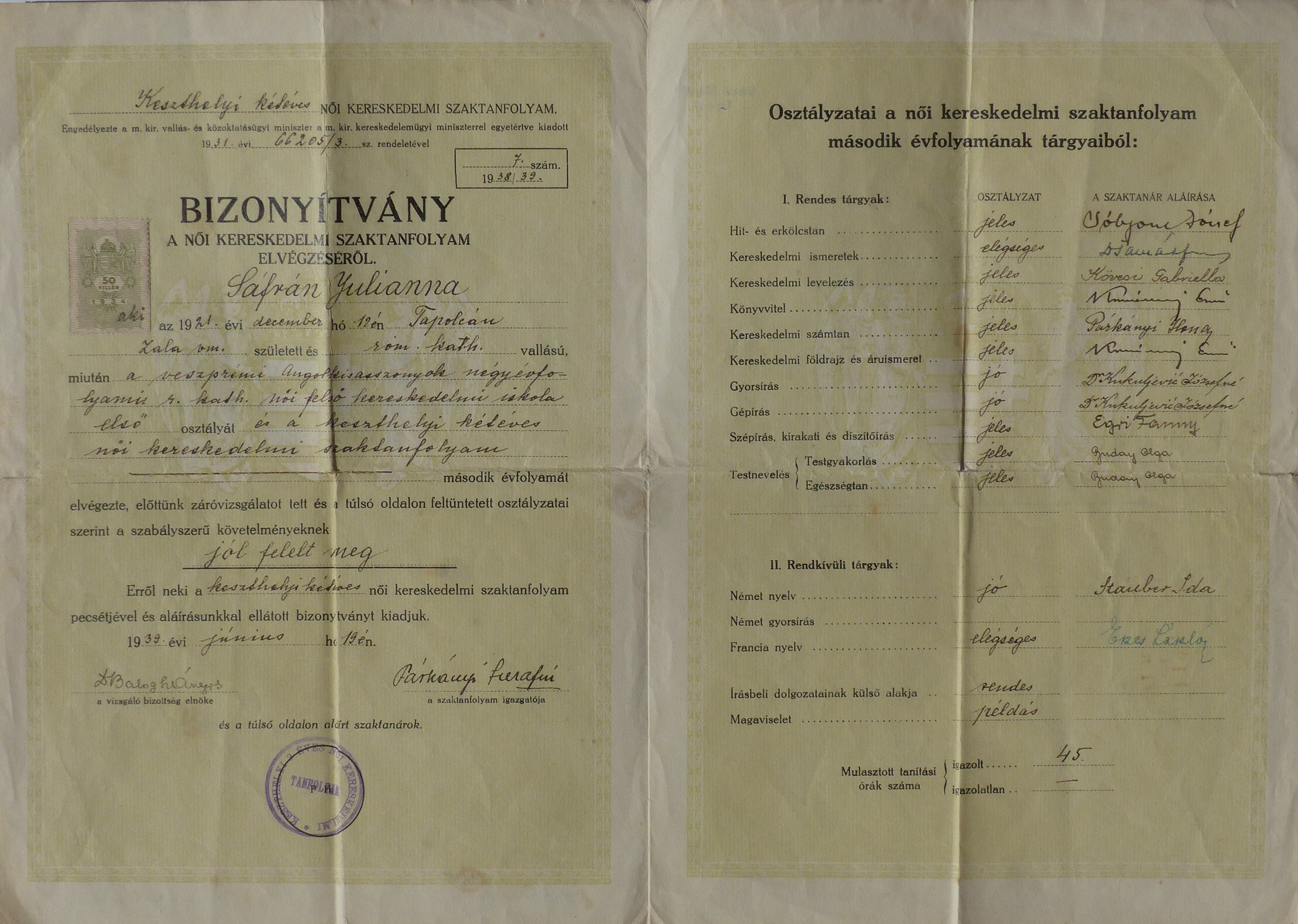 Női kereskedelmi szaktanfolyam bizonyítványa Keszthelyről (Tapolcai Városi Múzeum CC BY-NC-SA)