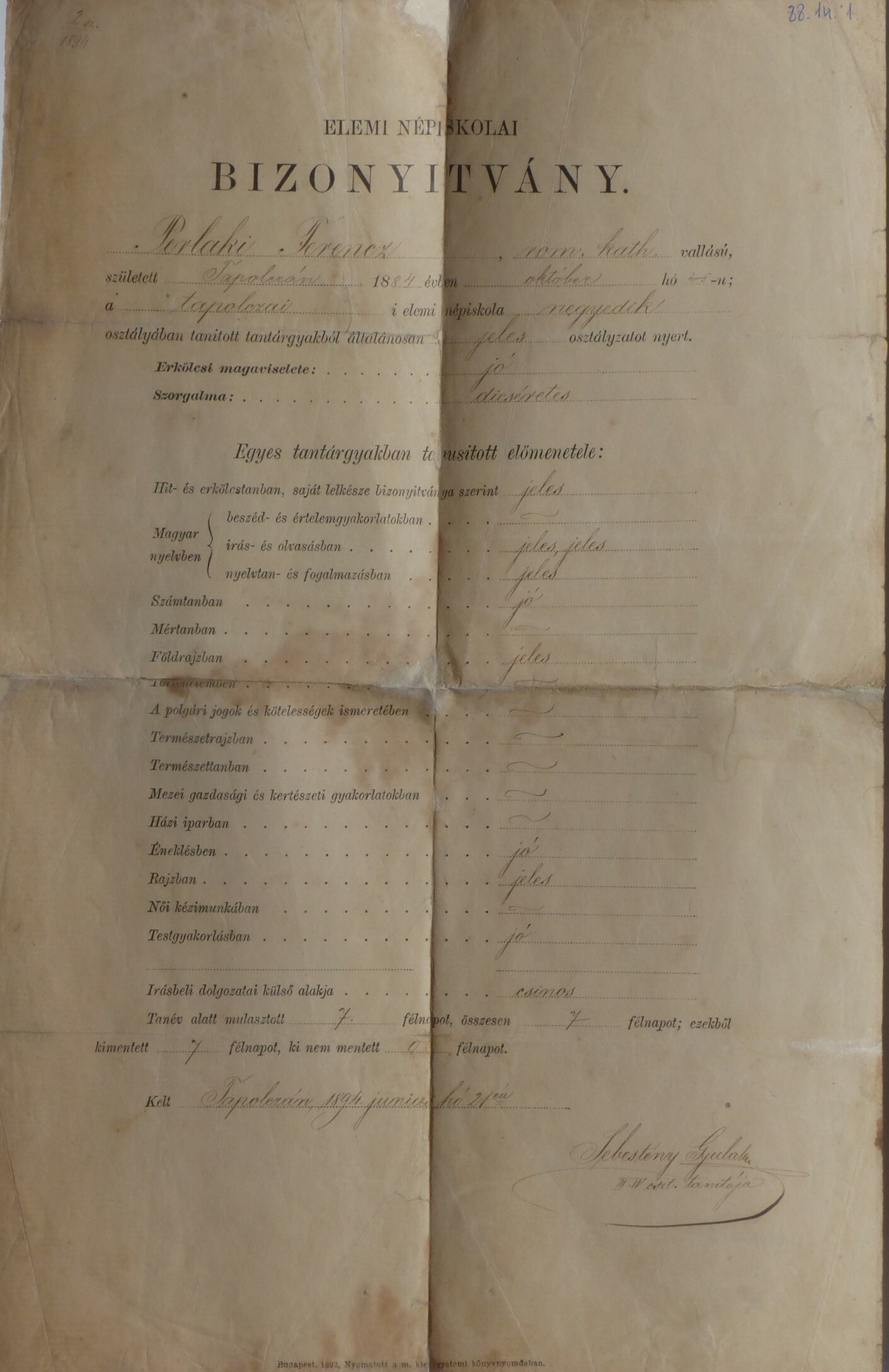 Elemi népiskolai bizonyítvány Tapolcáról (Tapolcai Városi Múzeum CC BY-NC-SA)