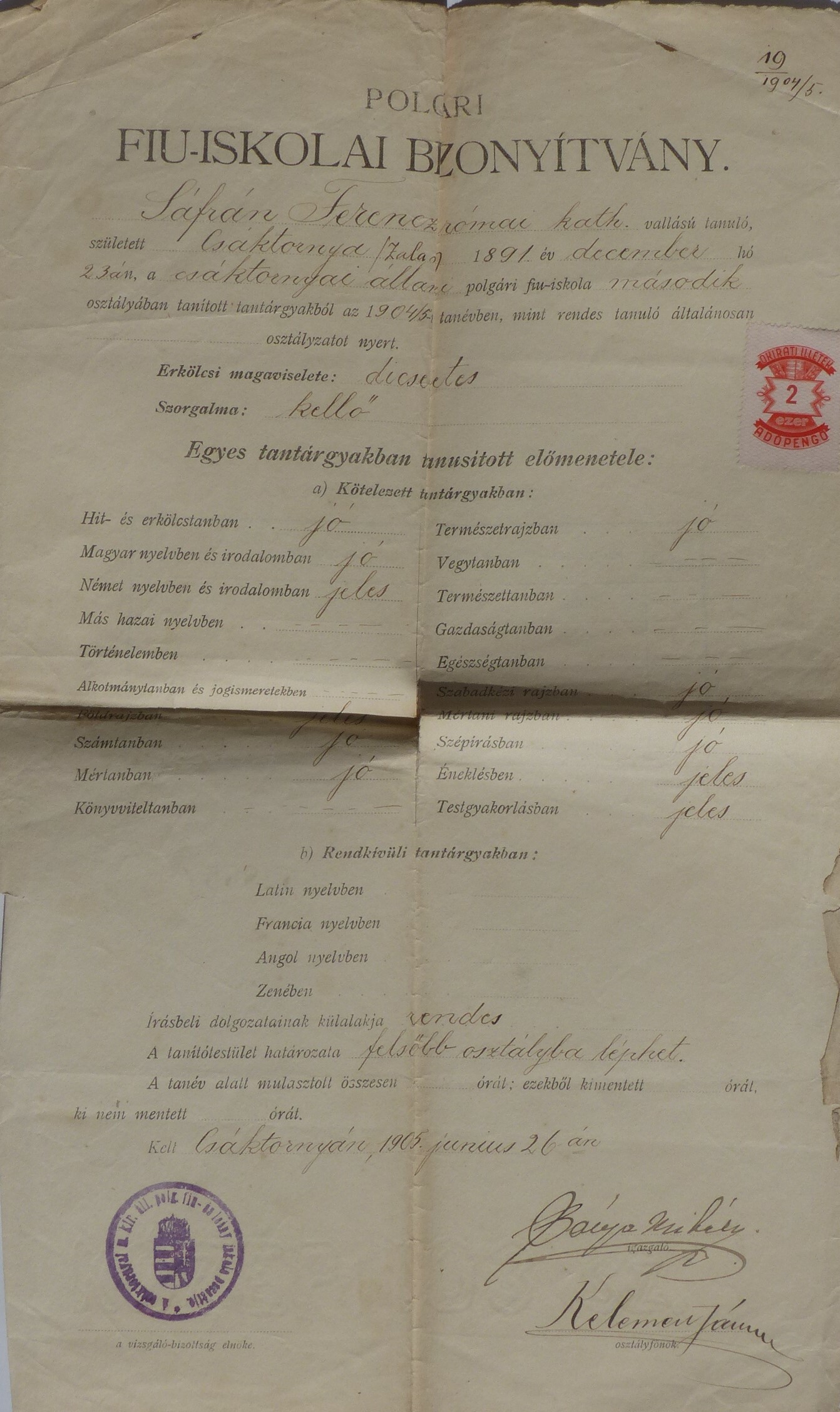 Polgári fiúiskolai bizonyítvány Csáktornyáról (Tapolcai Városi Múzeum CC BY-NC-SA)