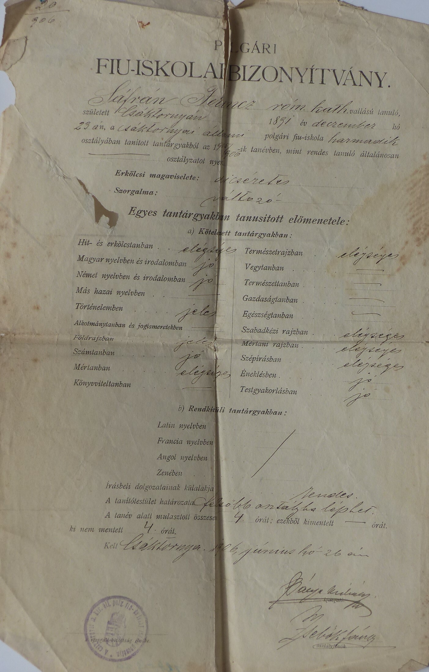 Polgári iskolai bizonyítvány Csáktornyáról (Tapolcai Városi Múzeum CC BY-NC-SA)