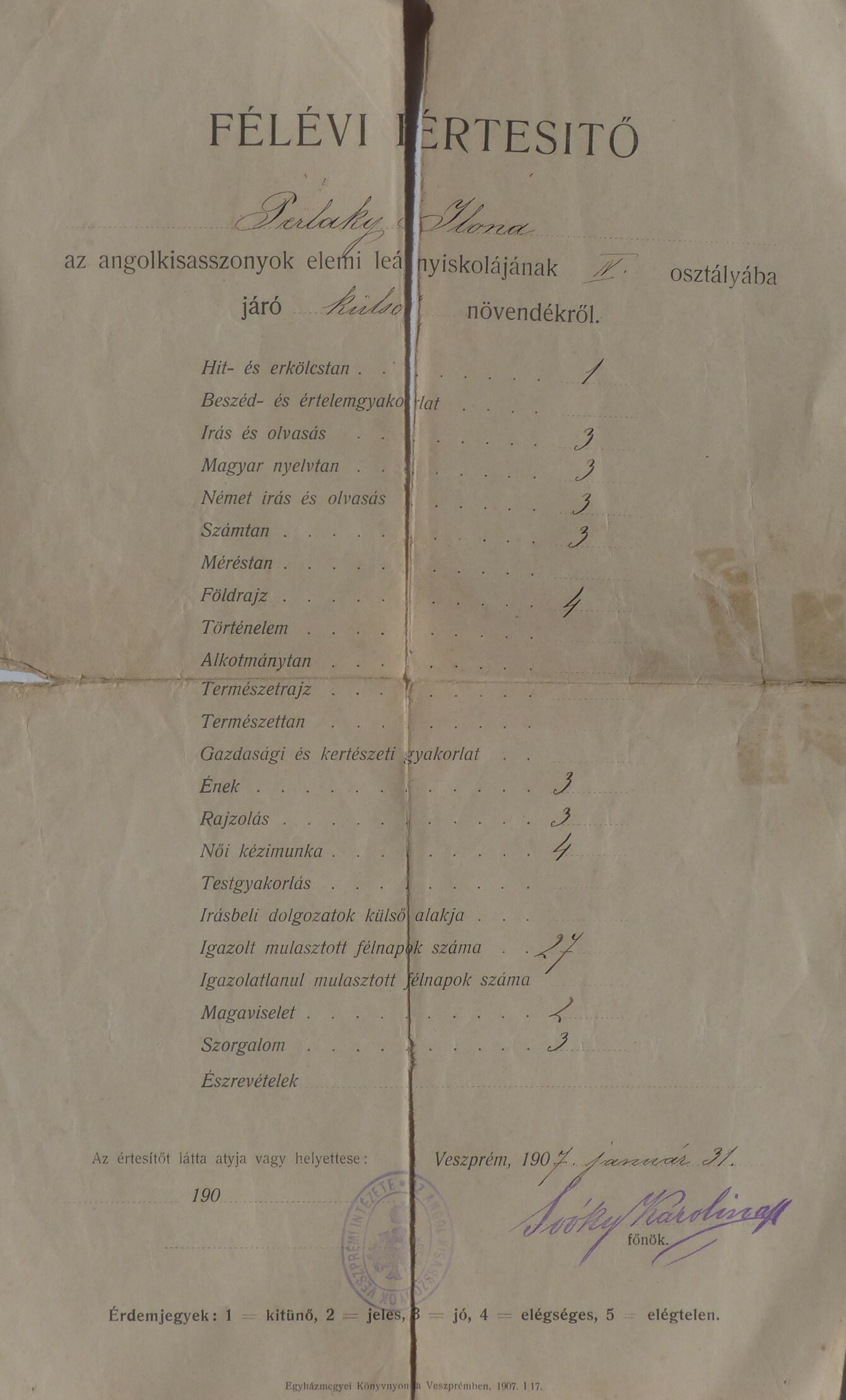 Elemi népiskolai félévi értesítő Veszprémből (Tapolcai Városi Múzeum CC BY-NC-SA)